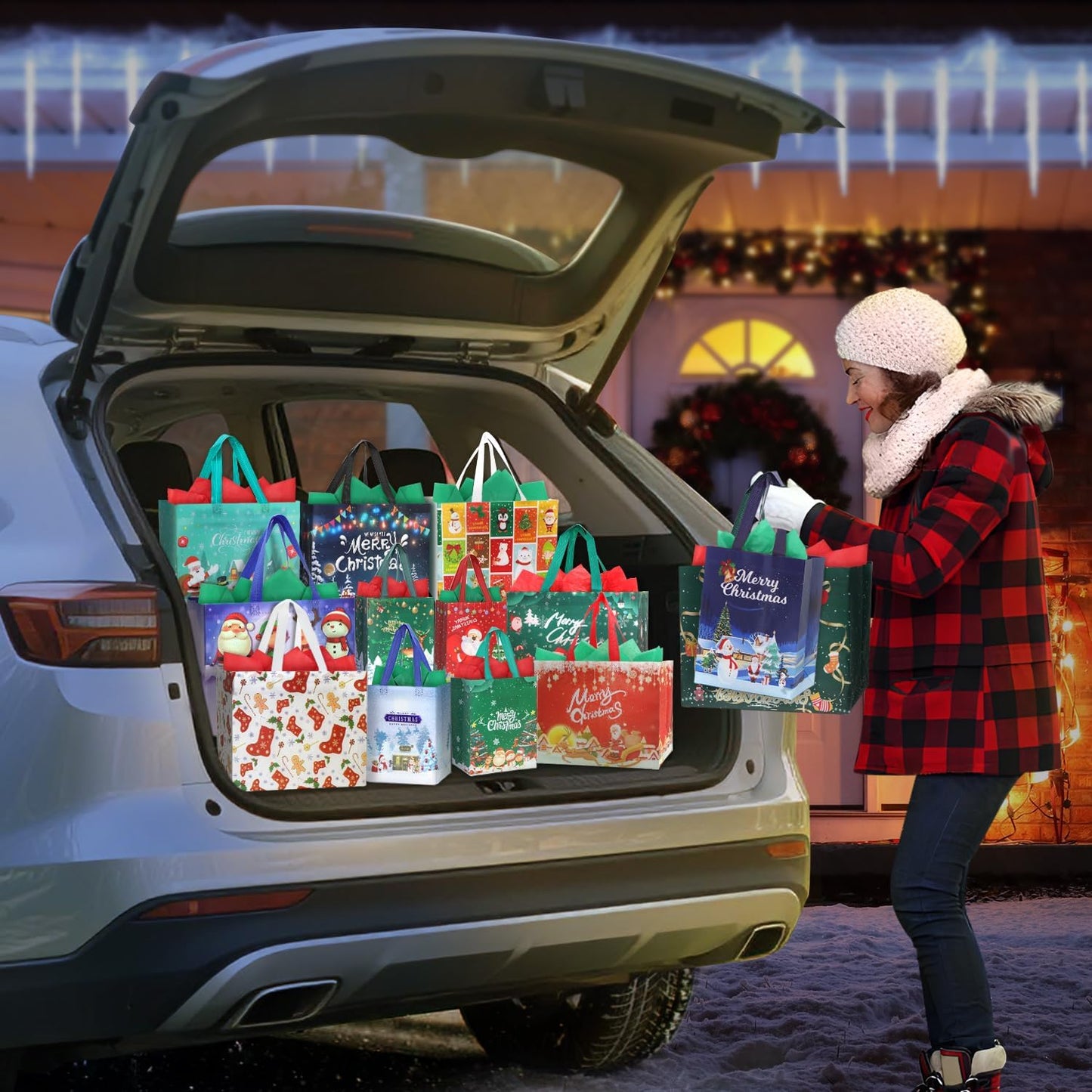 14 Pack Christmas Bags for Gift Assorted Sizes with Tissue Paper, Non-woven 8 Large & 6 Medium Reusable Xmas Party Tote Bag With Handle For Friends Family Kids Present Wrapping,Waterproof