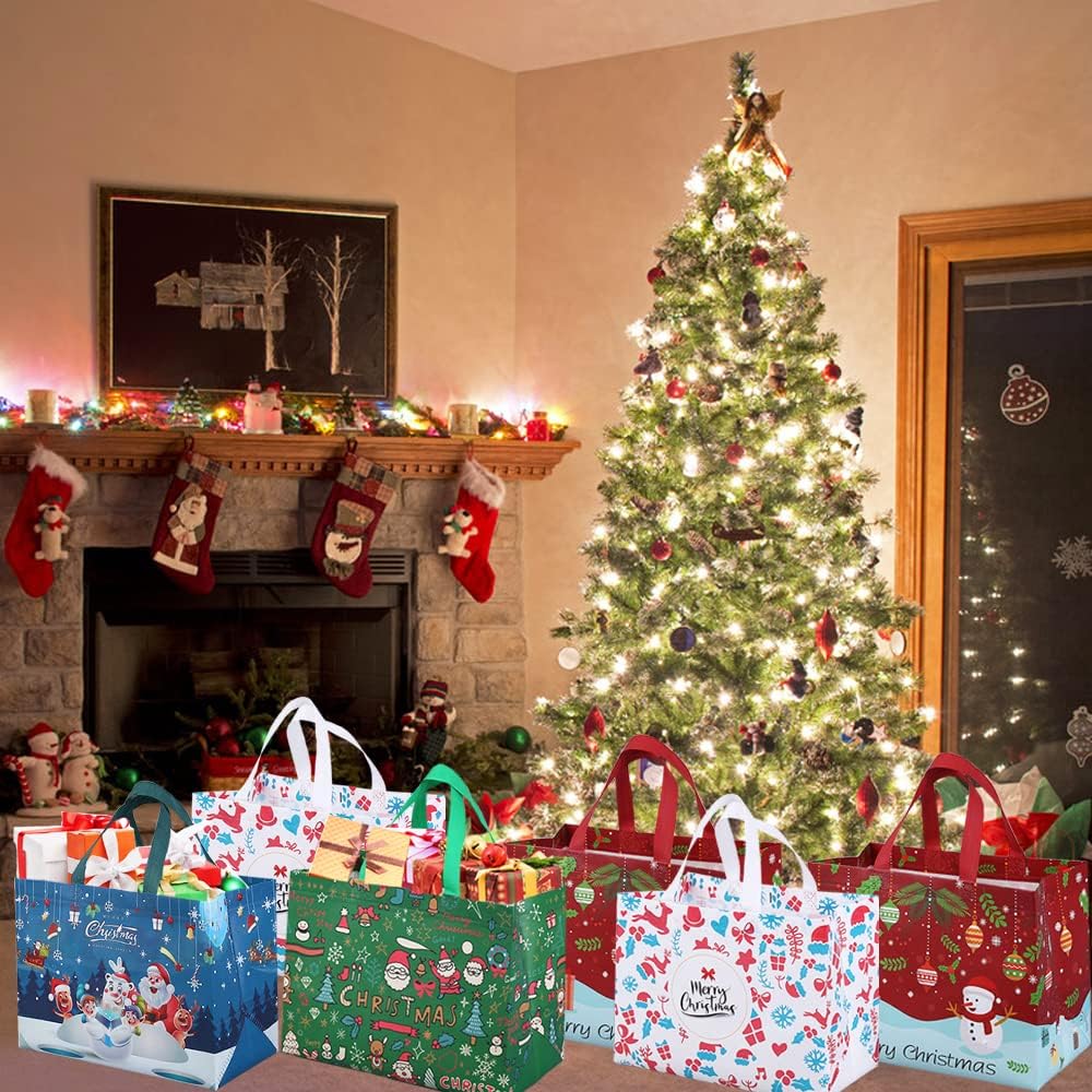 12 Pack Christmas Reusable Grocery Bag,Tote Bag with Handle, Gift Present Bag, Shopping Bag for Holiday Xmas Event Party