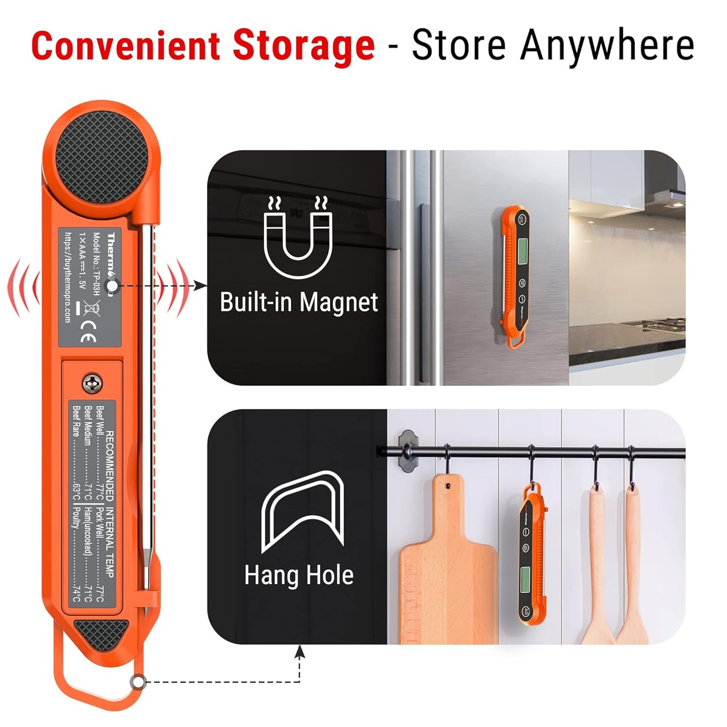 ThermoPro TP03H Meat Thermometer with IPX6 Waterproof, Food Thermometer Foldable Food Temperature Probe with LCD Backlight Calibration Lock Fuction, Kitchen Digital Instant Read Probe for Oil Jam Milk