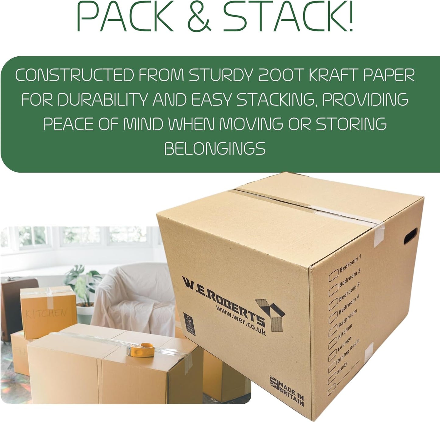 W.E. Roberts 10 Strong Extra Large Cardboard moving Boxes. Packing boxes for moving house with Printed Room List and Carry Handles 52cm x 52cm x 40cm cardboard Boxes