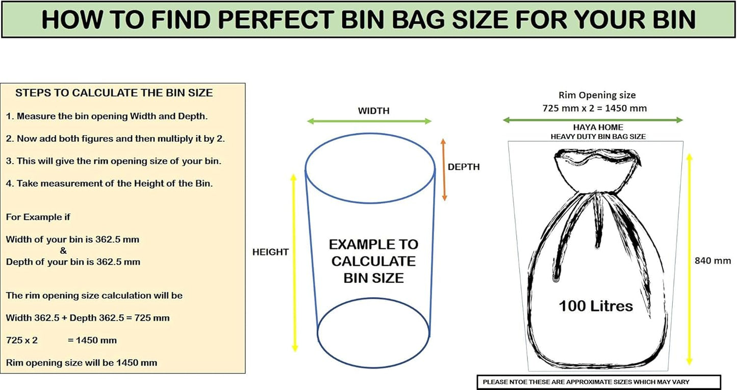Haya Home 50 Black Plastic Bin Bags Liners, Refuse Sacks Pack of 50 X 1 Heavy Duty Waste Dustbin roll 100L for Kitchen Office DIY Garden Made from 100% Recycled Material