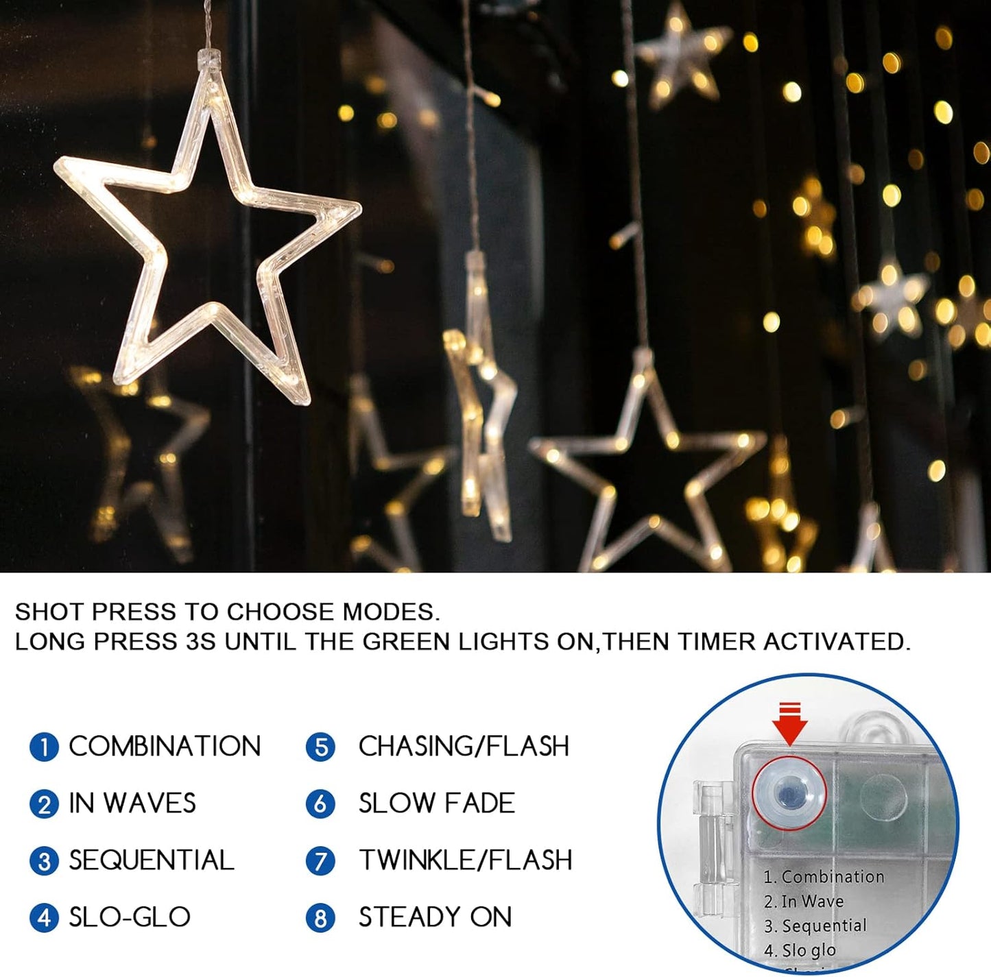 Jsdoin Christmas LED Stars Curtain Lights,12 Stars 138 Window Curtain String Lights with 8 Flashing Modes Decoration for Wedding, Party,Wall, Home Decorations,USB/Battery Powered (Warm White)