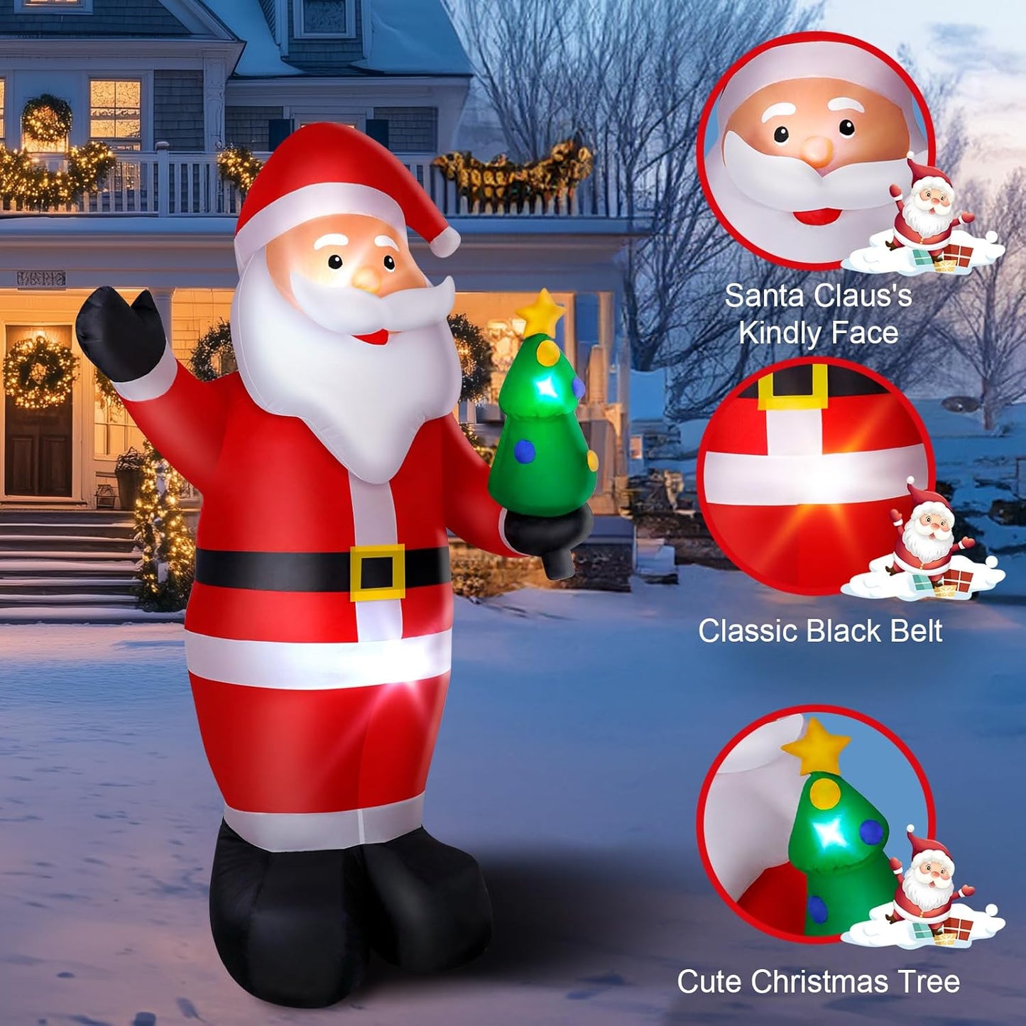 Wothfav 8FT Christmas Inflatable Santa Outdoor Decorations, Blow Up Santa Claus with Holding Xmas Tree, Built-in LED Lights for Holiday Indoor Outdoor Party Yard Lawn Garden Decoration