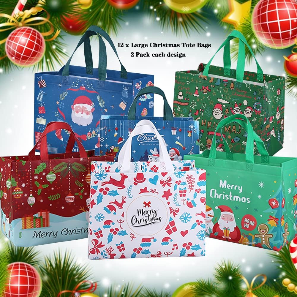 12 Pack Christmas Reusable Grocery Bag,Tote Bag with Handle, Gift Present Bag, Shopping Bag for Holiday Xmas Event Party