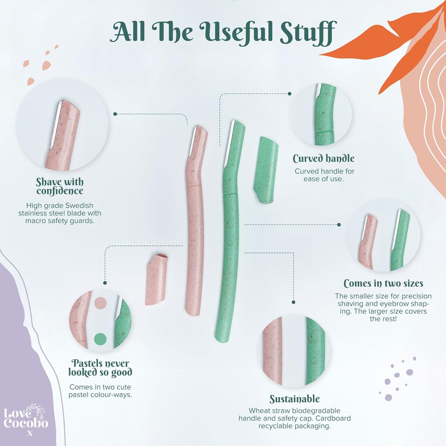 Love Cocobo | Dermaplaning Blades for Face | Eco Wheat Straw Eyebrow Razor | Face Razors for Women | Facial Hair Remover for Women | Peach Fuzz Remover | 6 Pcs 2 Sizes Biodegradable Dermaplane Tool