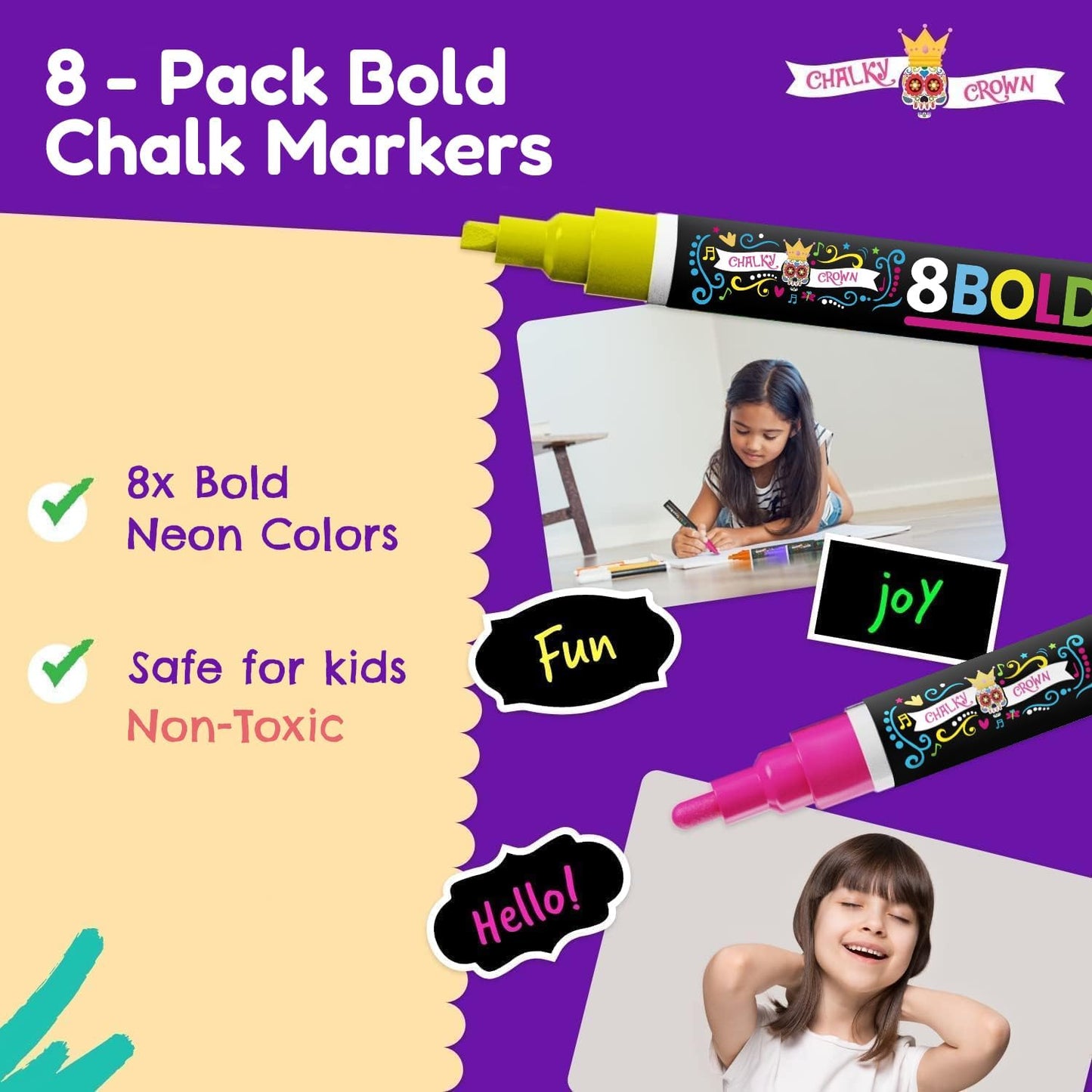 Chalky Crown - Chalk Pens - Liquid Chalk Markers - Dry Erase Marker Pens - Chalk Markers for Chalkboards, Signs, Windows, Blackboard - 24 Chalkboard Labels Included - 8 Pack, Multicolored, 6mm