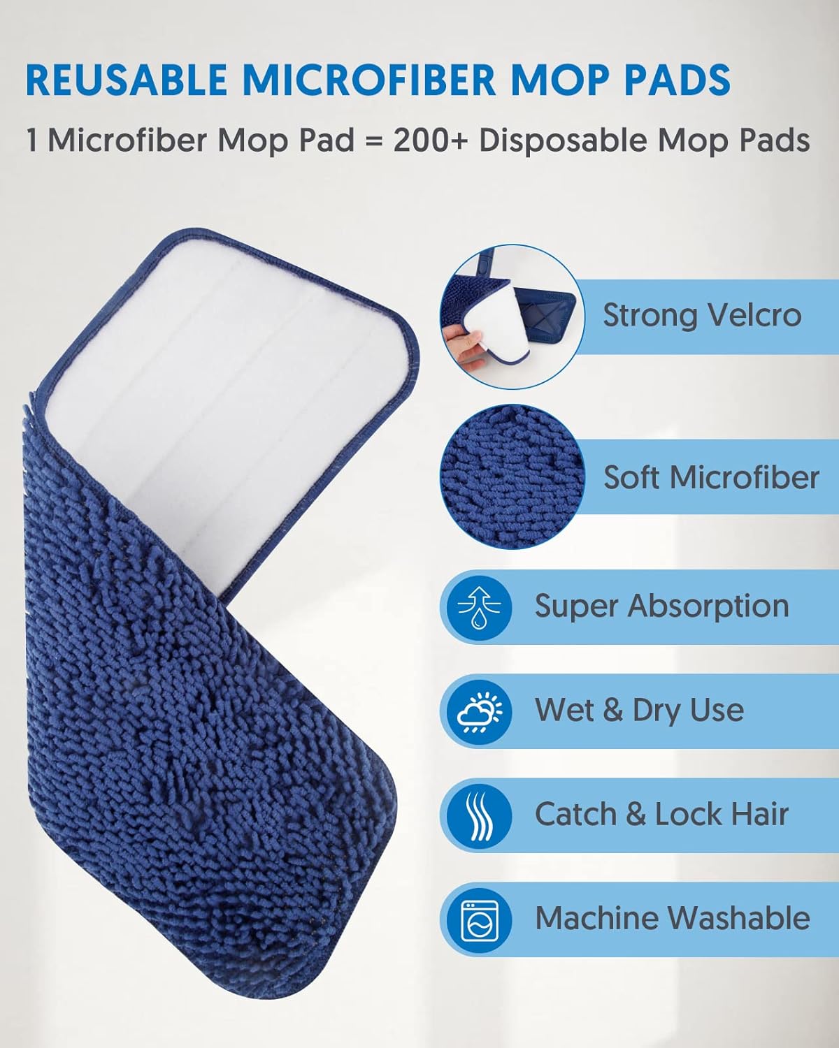 Microfibre Mops for Cleaning Floors - BPAWA 150cm Flat Floor Mop with 4 Washable Pads Reusable Chenille Wet Dry for Mopping Dust Hard Wood Laminate Vinyl Tile Wooden Small Bathroom Kitchen Walls