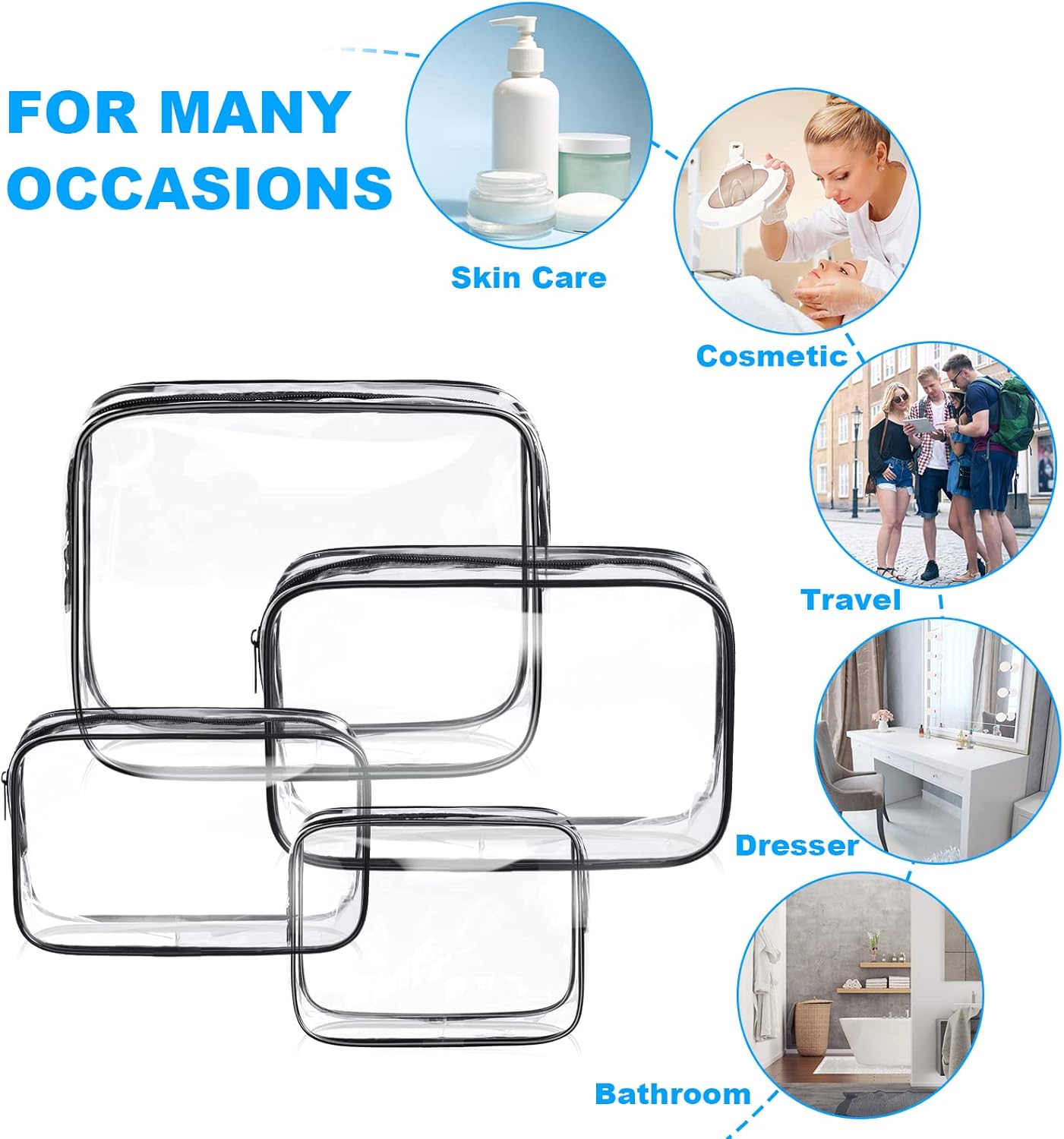 Aucuu 4-Pack Clear Wash & Makeup Bags TSA Approved Makeup Bags, PVC Waterproof Travel Wash Bags for Family, Men, Women (Largea, Medium, Small, Minimum)