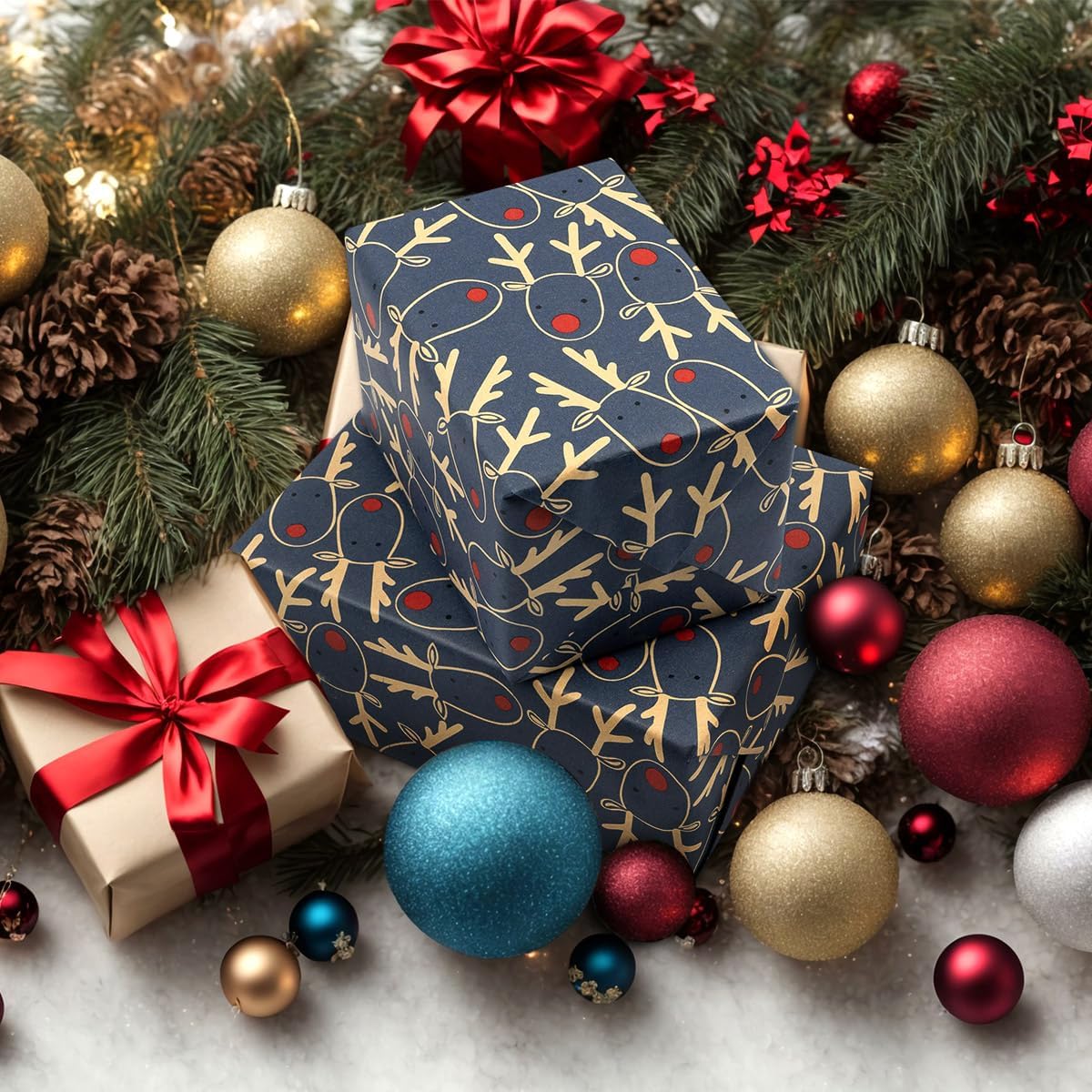 Christmas Wrapping Paper Roll – 15M x 43cm Blue Kraft Gift Wrap with Festive Elk Pattern, Recyclable Xmas Wrapping Paper for Holiday, Party & Christmas Decorations