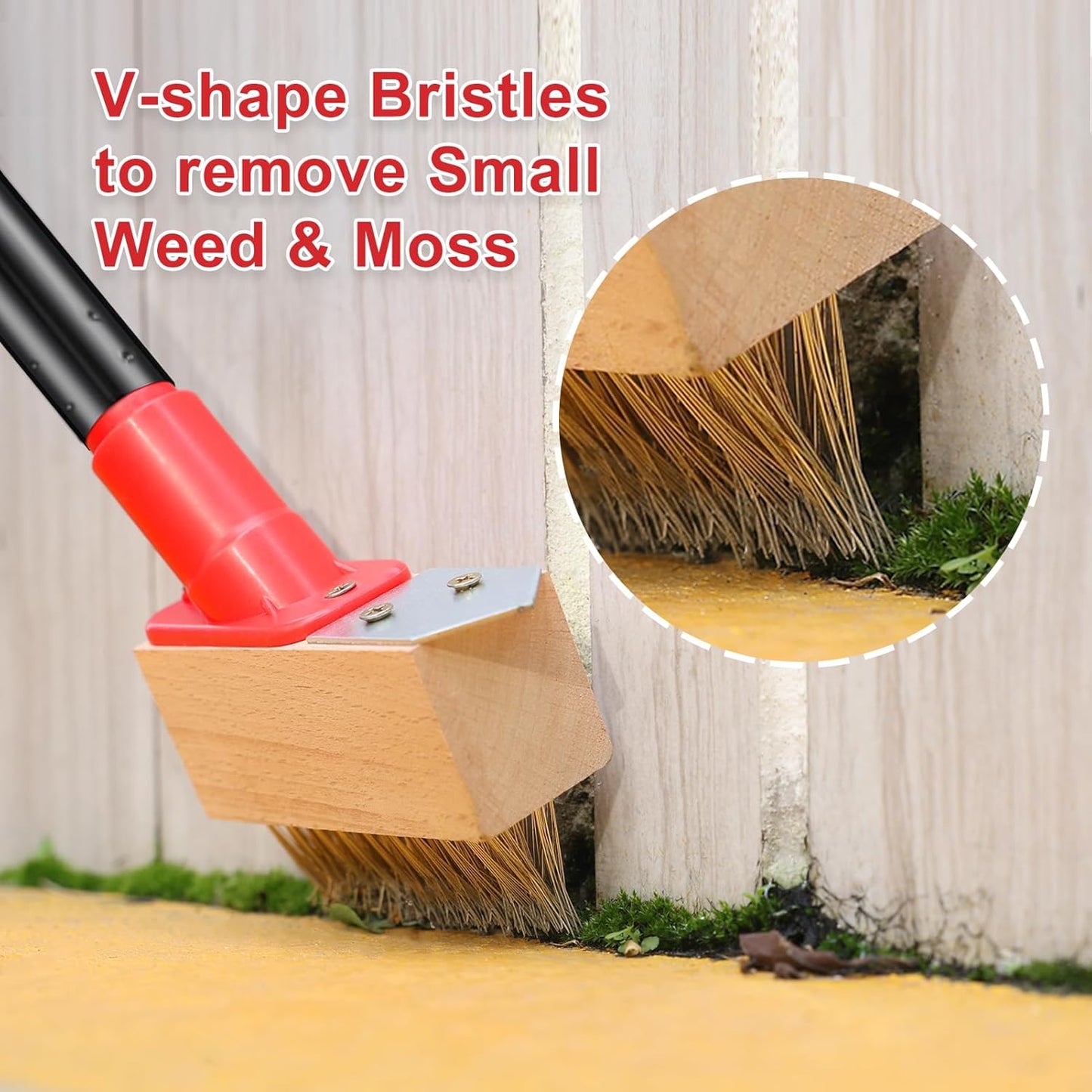 Mitclear Weed Remove Brush with Long Handle(53IN), Weed Remover Tool with V-shaped Wire Brush & Blade Scraper, Remove Weed & Moss from Block Paving Garden Path Patio Driveway (3 Brush Heads)