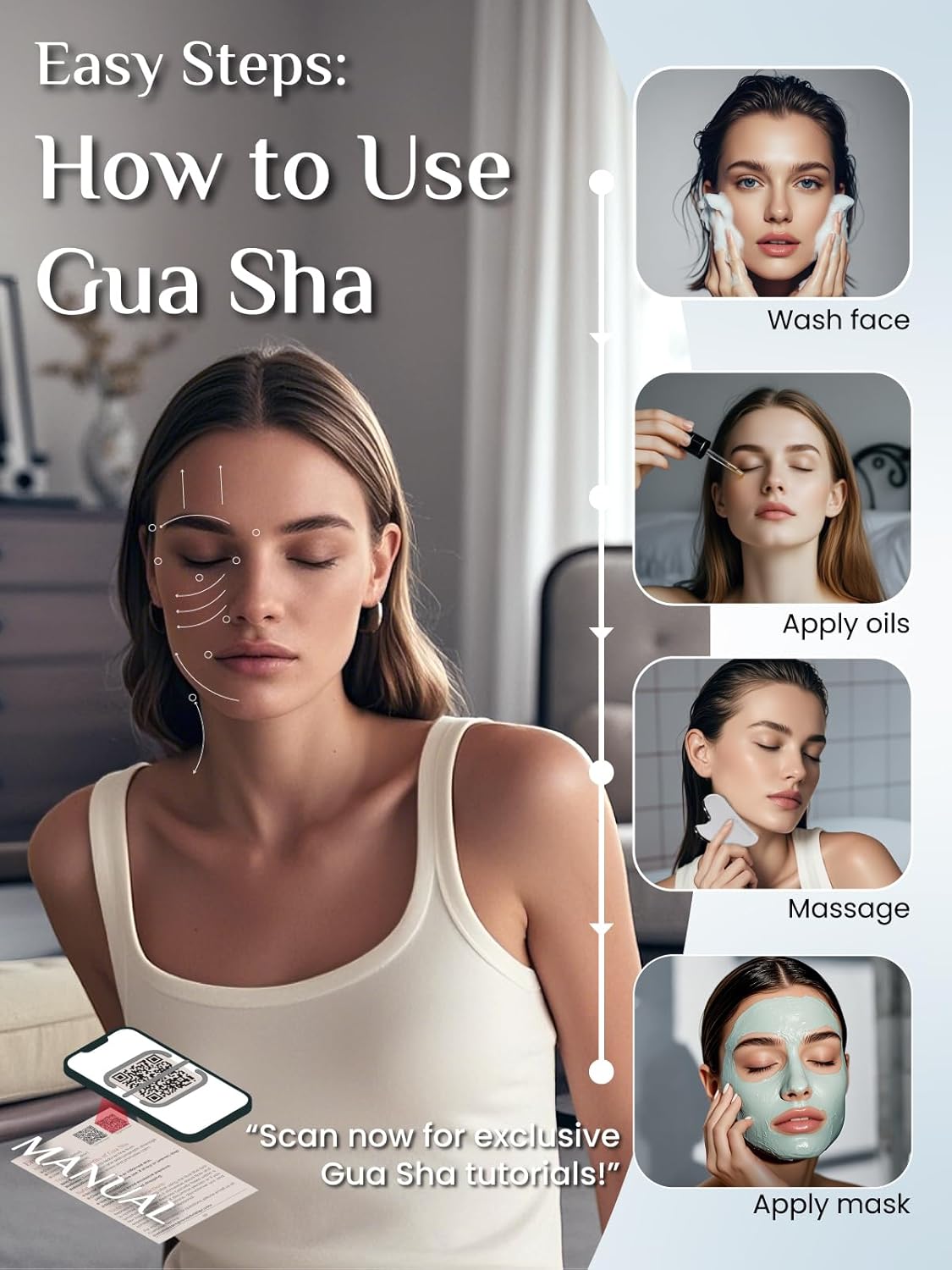 Rena Chris Stainless Steel Gua Sha, Metal Gua Sha for Jawline Sculpting and Puffiness Reducing, Facial Massage Tool, Skin Care Gift (Silver)