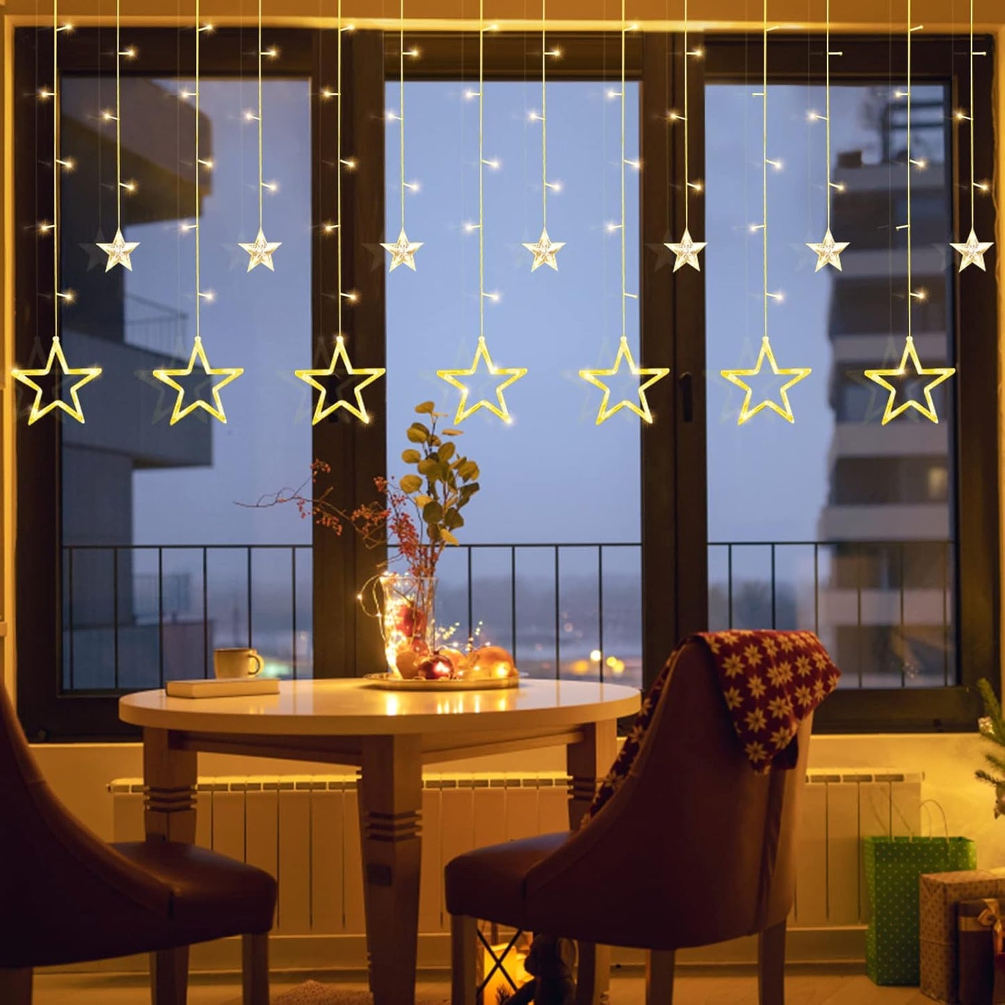 Jsdoin Christmas LED Stars Curtain Lights,12 Stars 138 Window Curtain String Lights with 8 Flashing Modes Decoration for Wedding, Party,Wall, Home Decorations,USB/Battery Powered (Warm White)