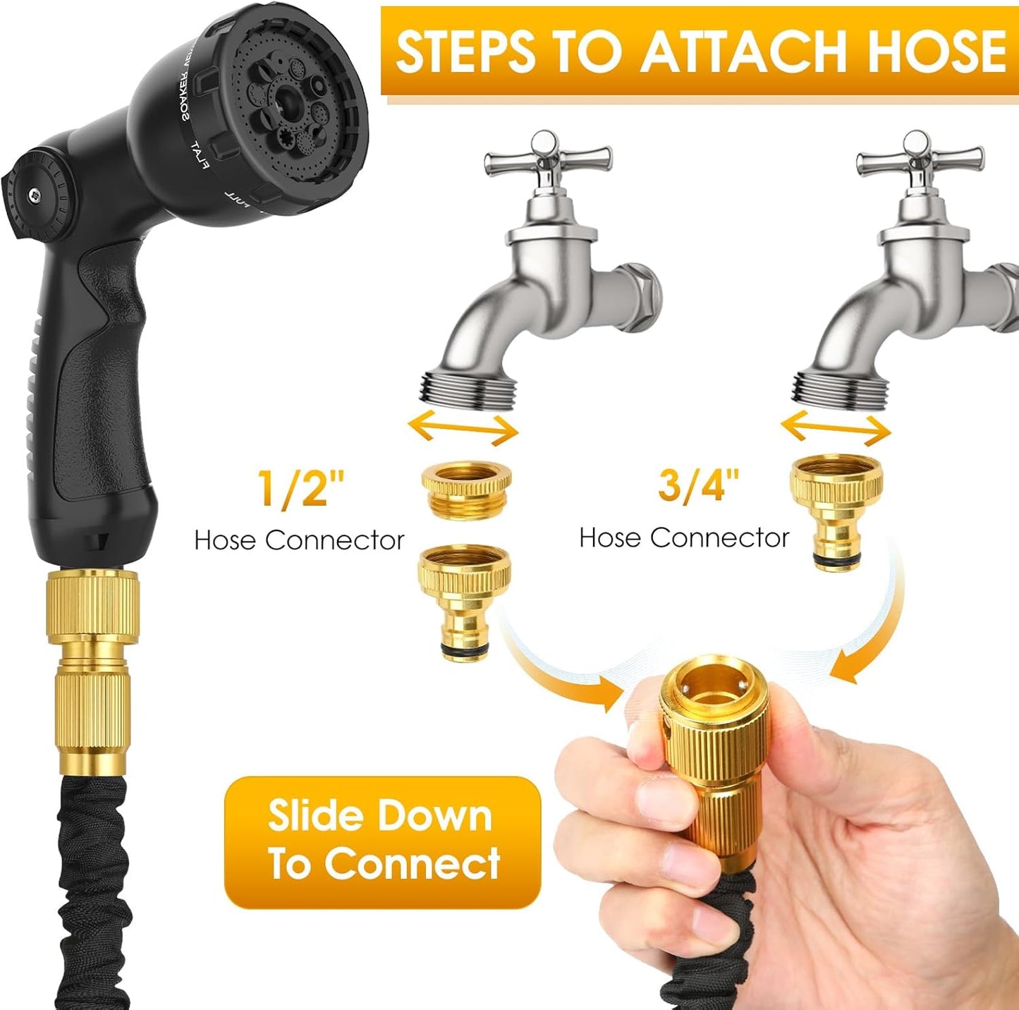 Expandable Garden Hose Pipe 100ft - Water Hose with 10 Functions Gun and 3/4", 1/2" Brass Fittings, Kink-Free Flexible Garden Hose, 3 Layers of Latex in an Expanding Hose Design for Easy Use & Storage