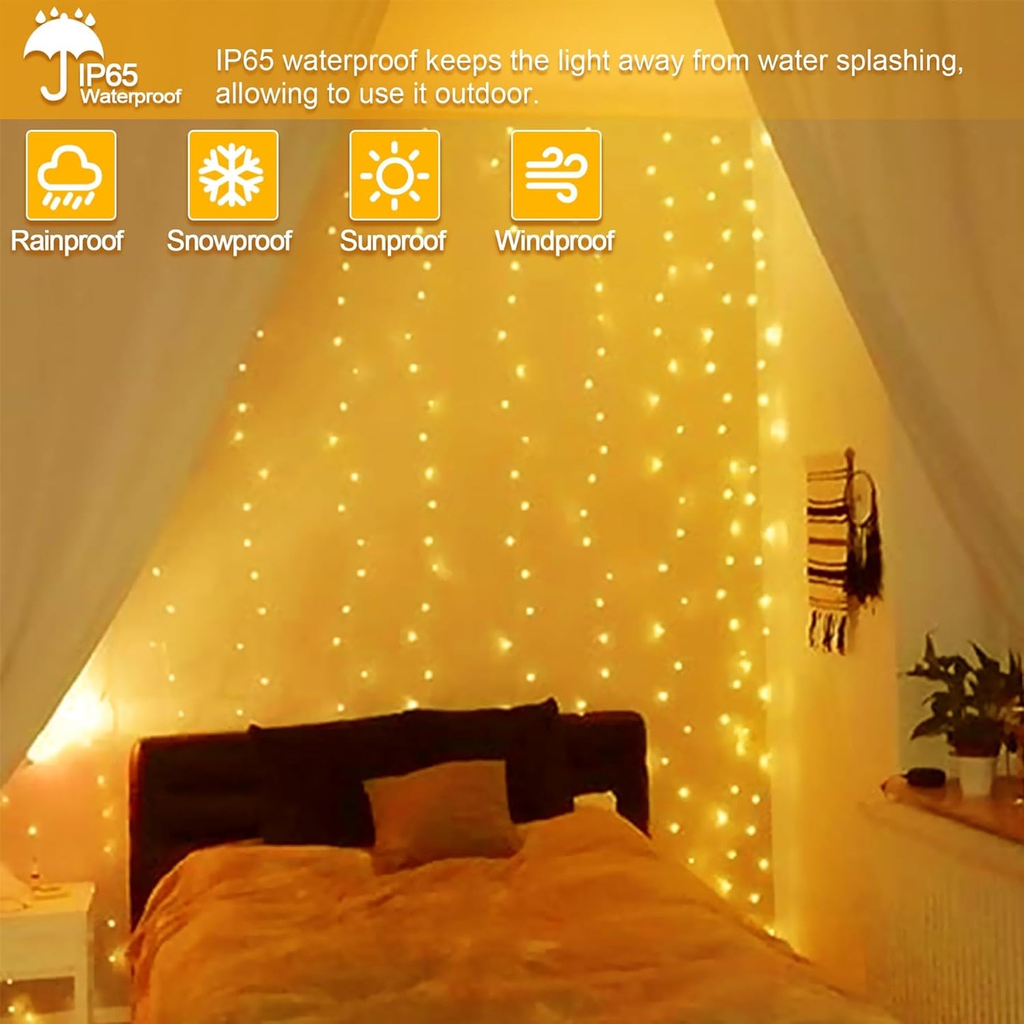Vulisox Curtain Fairy Lights Indoor, 3mx3m 300LED Curtain Light USB Powered Waterproof String Lights 8 Mode Remote Control Timer, Fairy Lights for Christmas, Garden, Home Decor(Warm White)