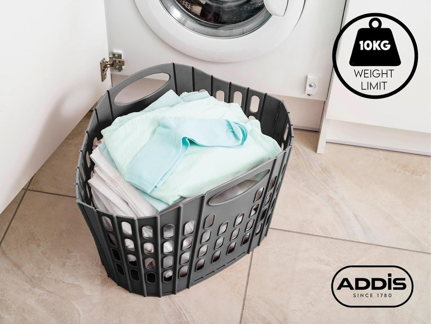 Addis Flat Easy Store Laundry Basket Hamper, Dark Grey, 38 Litre