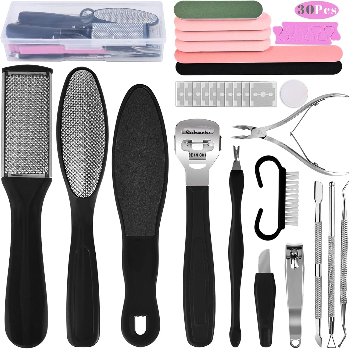 Foot File Pedicure Set, 30 in 1 Foot Files Foot Care Scrubber Kit Hard Skin Remover Feet Scrub for Women Men Salon or Home(Black)