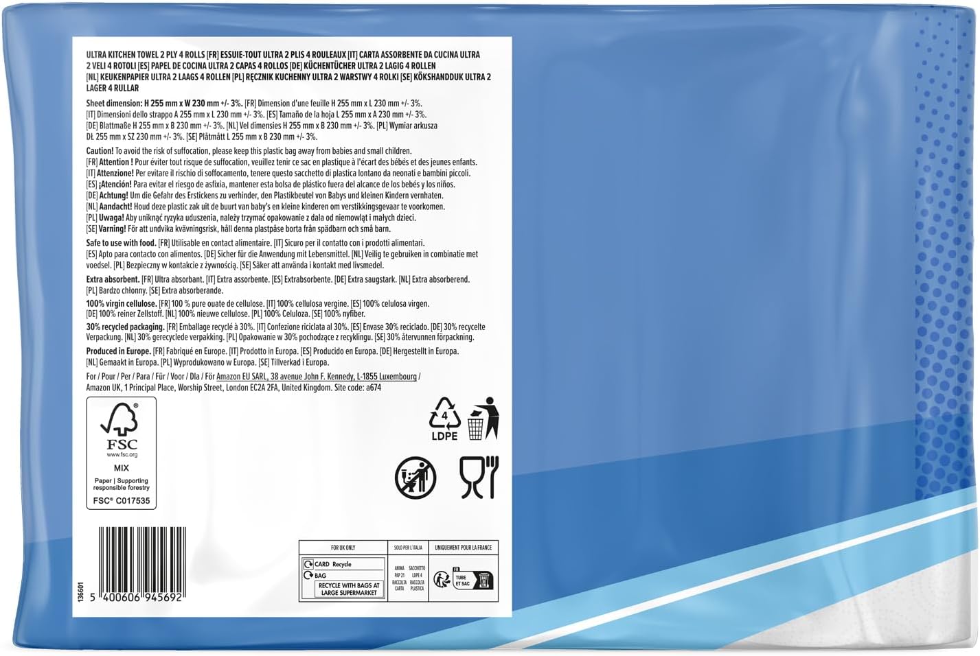 ULTRA Kitchen Roll, Extra Absorbent, 4 Rolls (Pack of 1), 45 Sheets per Roll, Wring and Reuse, FSC Certified