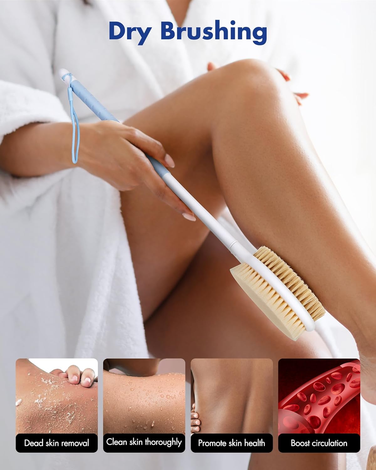 Back Scrubber Body Shower Brush: Anti Slip Long Handle Bath Brush with Stiff and Soft Bristles - Showering Exfoliator Wet or Dry Brushing for Women, Men, Elderly (Blue)