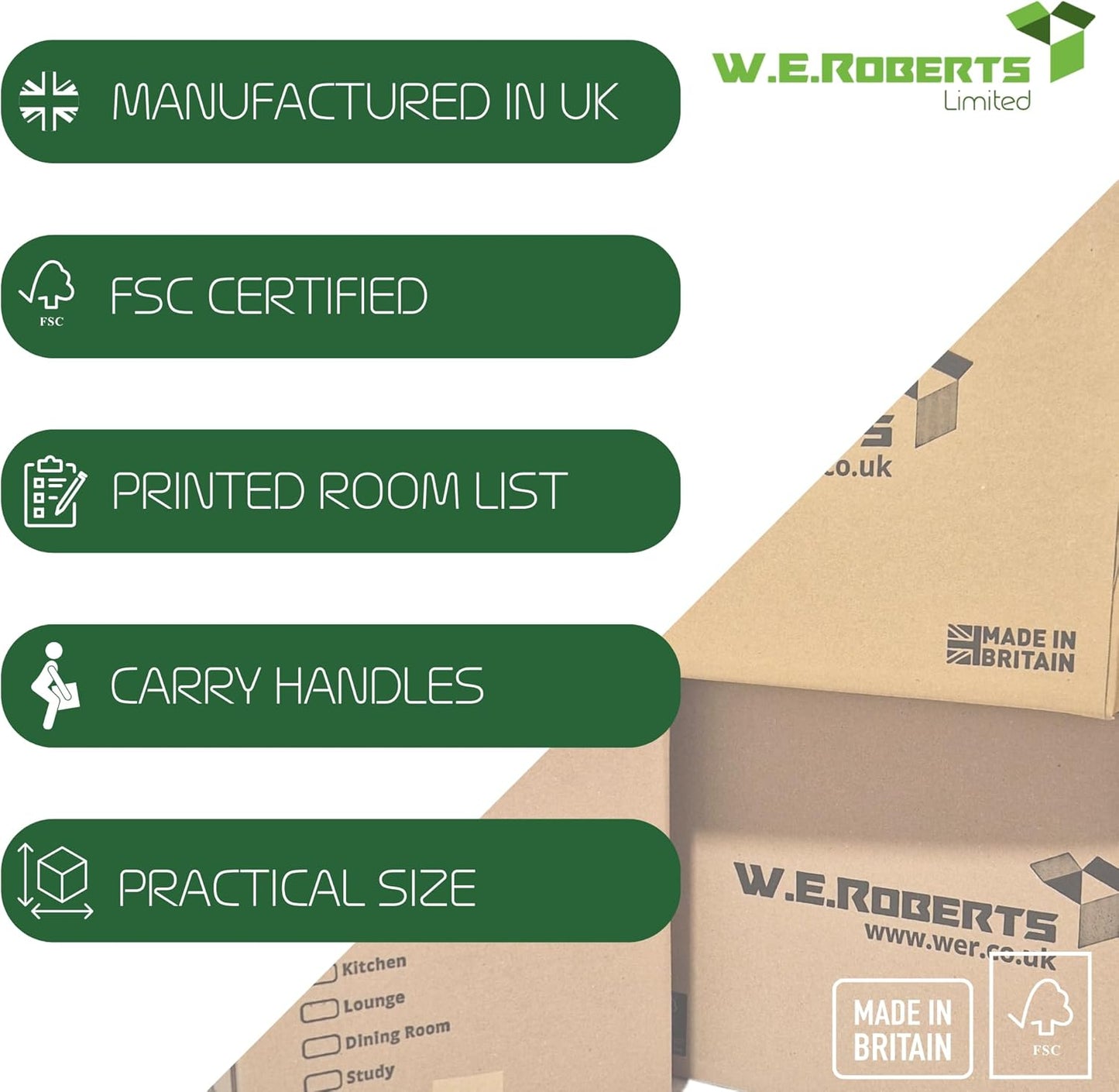 W.E. Roberts 10 Strong Extra Large Cardboard moving Boxes. Packing boxes for moving house with Printed Room List and Carry Handles 52cm x 52cm x 40cm cardboard Boxes