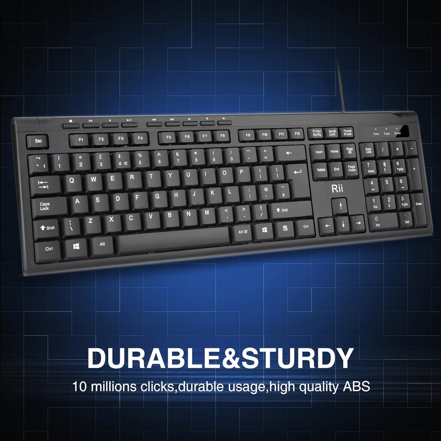 Rii RK907 USB Wired Keyboard Full Size Office Keyboard Compatible with Mac PC Tablet Windows Android Microsoft UK Layout