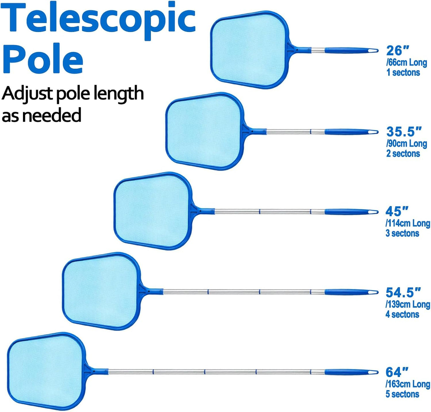 Swimming Pool Skimmer Net, Pool Net with 5 Pole Sections, 11" x 64" Pool Skimmer Net with Ultra Fine Mesh Net, Telescopic Aluminum Pole, Leaf Rake Net for Fast Cleaning Ponds (5 Pole Sections)
