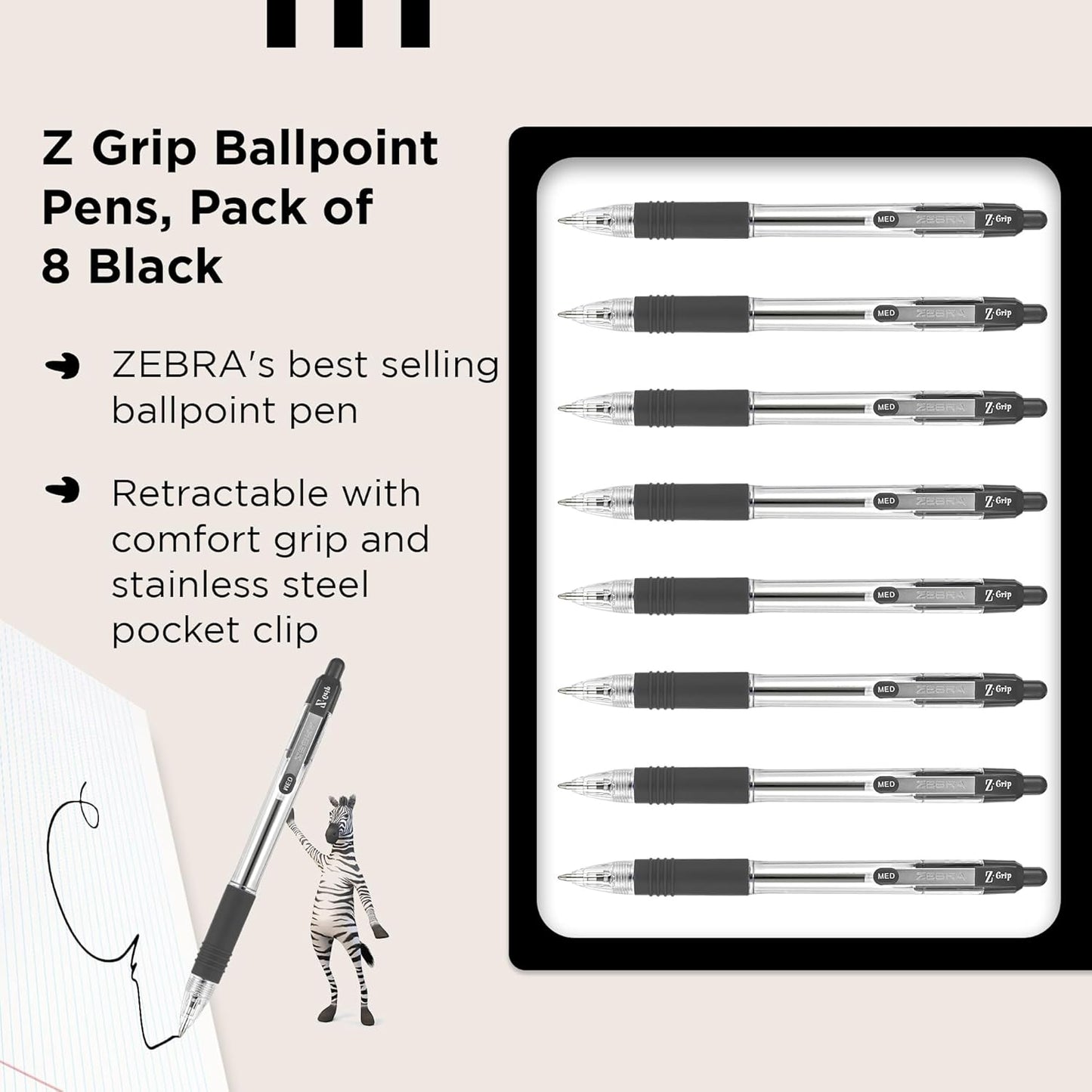 Zebra Pen Z Grip Black Ballpoint Pens with Pocket Clip 8pk, Retractable Black Ink Ballpoint Pens, Reliable Black Biro Pens Multipack for Everyday Use Design, New Pack Size 8pk