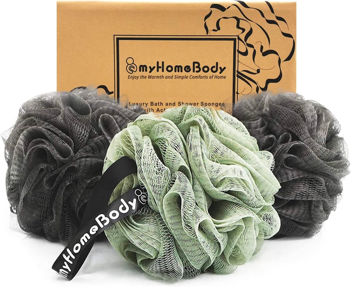 Large 70g Loofah Sponge – Exfoliating Bath & Body Scrubber for Women and Men – 3 Pack (2 Graphite Gray + 1 Sage Green) with Charcoal Infusion