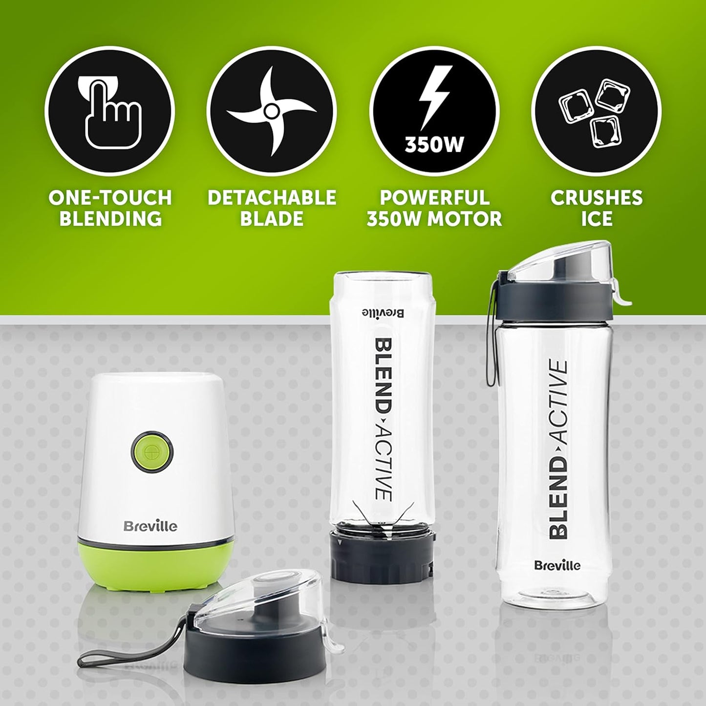 Breville Blend Active Personal Blender & Smoothie Maker | 350W | 2 Portable Blend Active Bottles (600ml) | Leak Proof Lids | White & Green