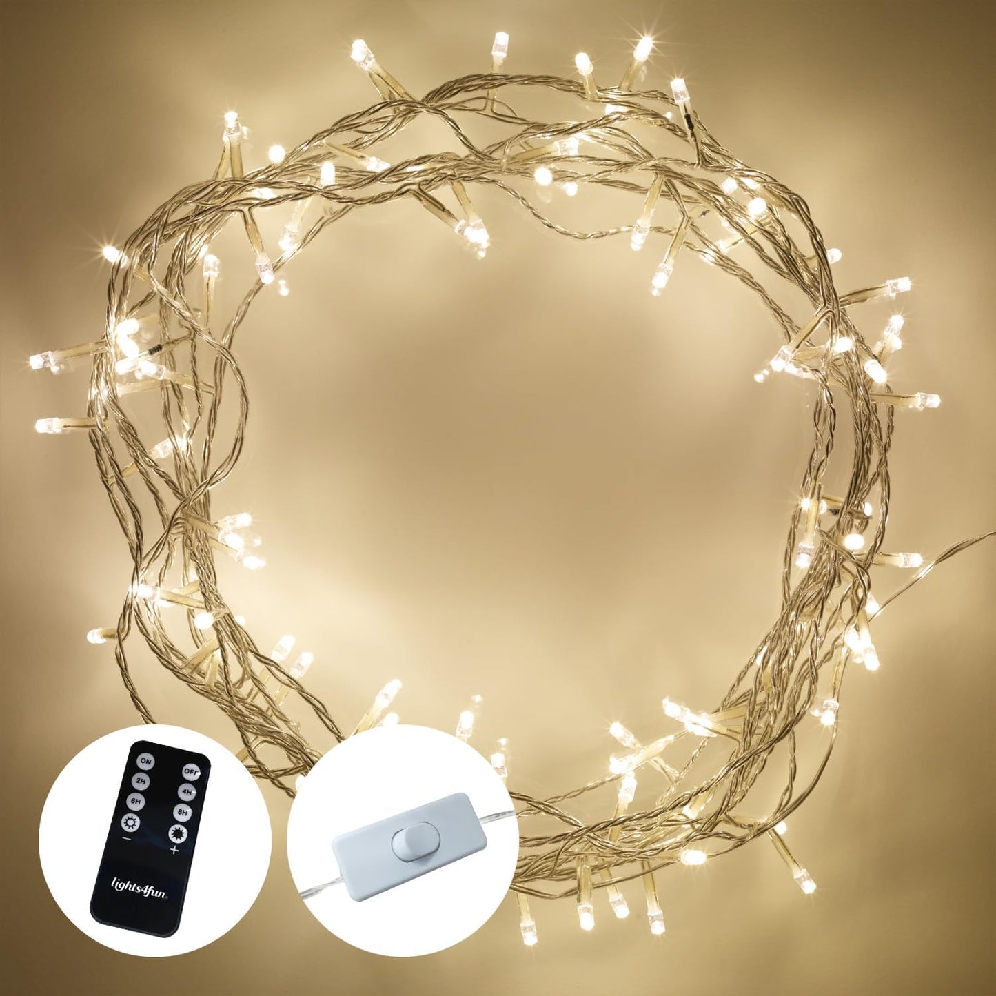 Lights4fun 8m String Lights 100 LED Warm White Fairy Lights Clear Cable with Rocker Switch Plug in Mains Powered Remote Control and Timer Indoor Bedroom Party Wedding Decoration