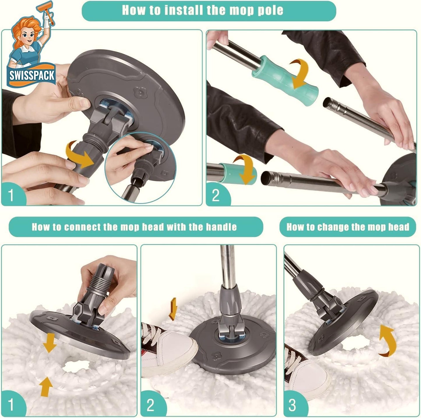 *NEW* SWISSPACK Revolving Spin Mop and Bucket With .5. Extra Pads Perfect For Easy Cleaning. Clean and Dirty Water Separtered For Perfect Finish (ORANGE-GREY) (ORANGE-GREY 1)