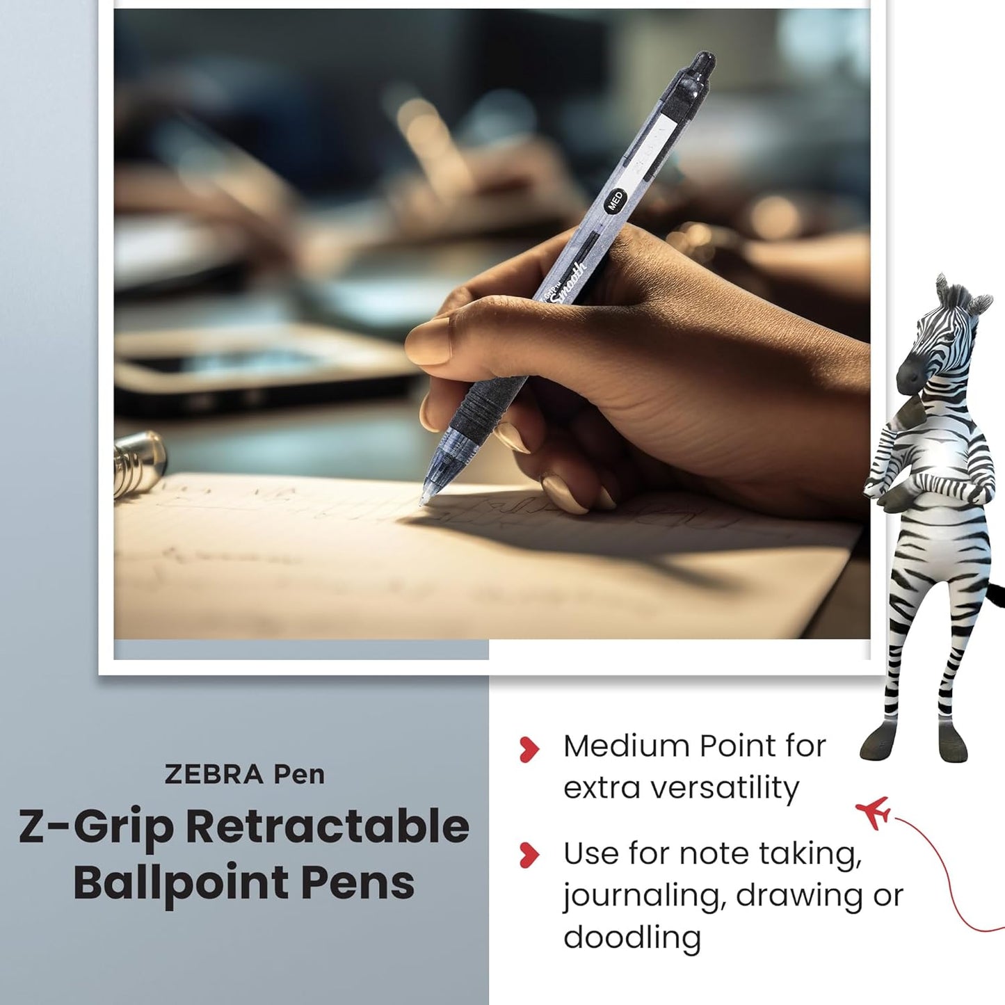 Zebra Pen Z Grip Black Ballpoint, Smooth & Comfortable Pens With Pocket Clip, Retractable Ballpoint, Reliable Black Biro Pens Multipack For Everyday Use - Black Ink, Medium Point