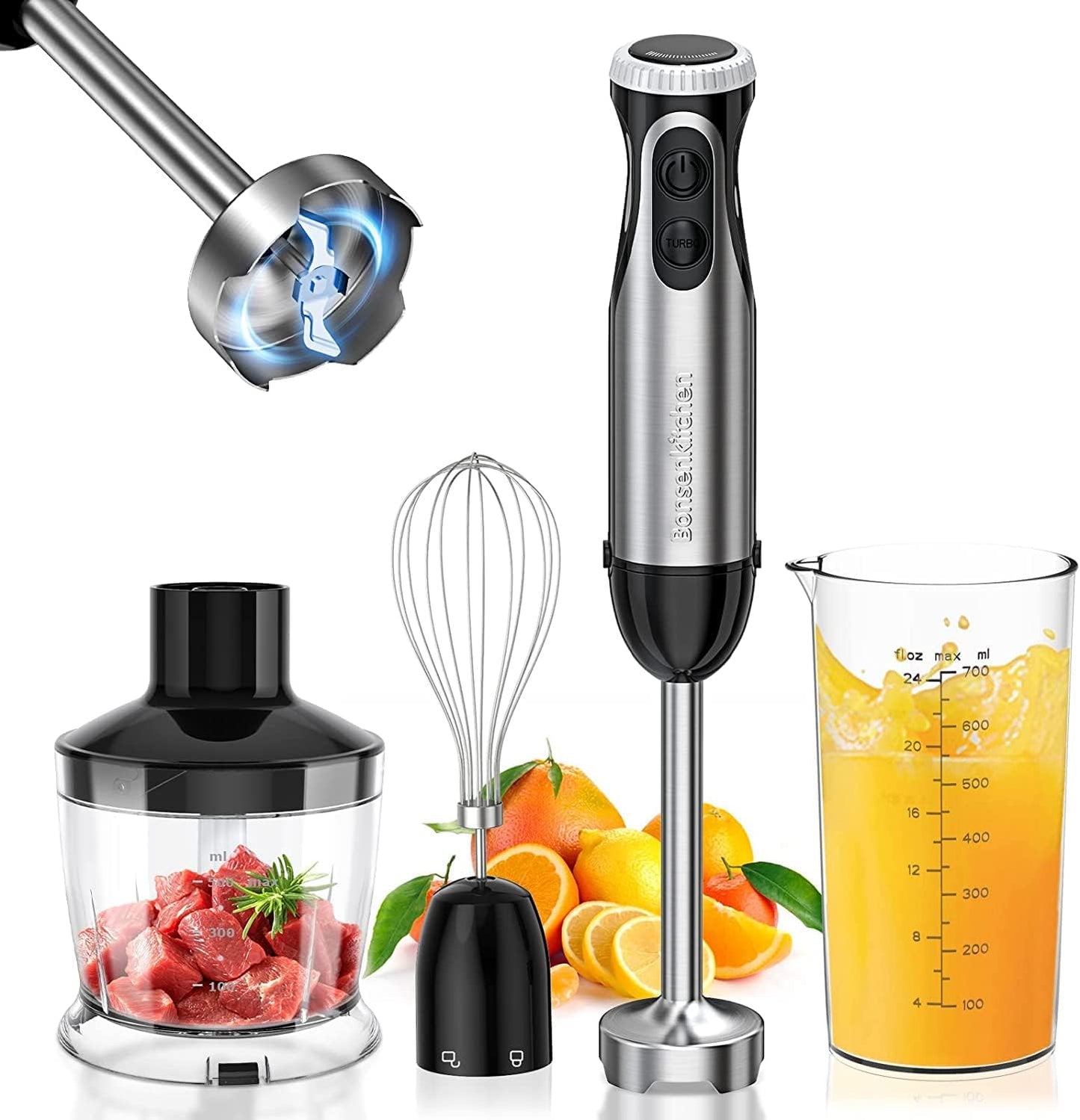 Bonsenkitchen Stainless Steel Hand Blender, 4-in-1 Stick Blender 1000W, 20 Speed Adjustable, with Whisk, 500ml Chopper and 700ml Measuring Cup, Food Processor