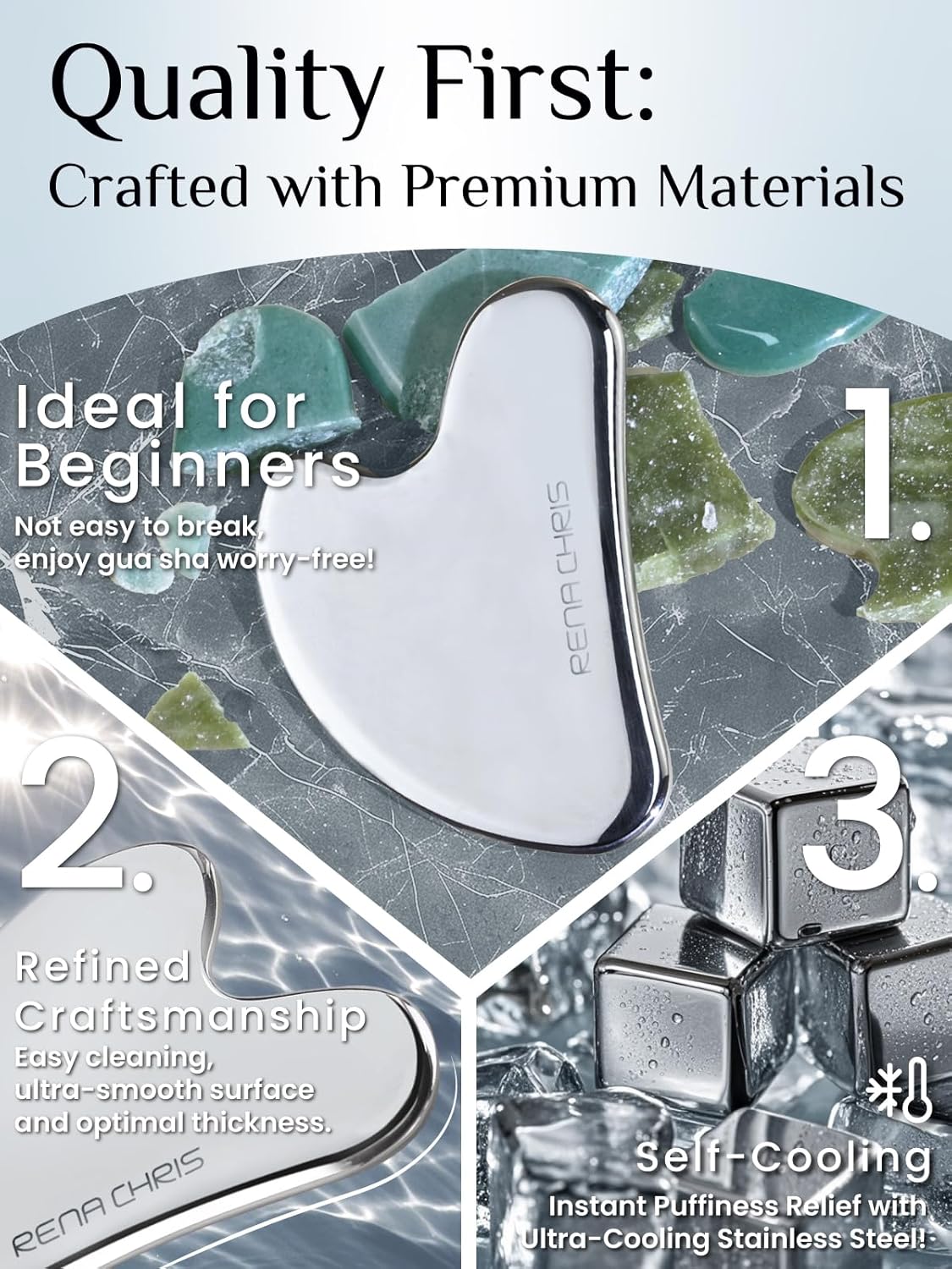 Rena Chris Stainless Steel Gua Sha, Metal Gua Sha for Jawline Sculpting and Puffiness Reducing, Facial Massage Tool, Skin Care Gift (Silver)