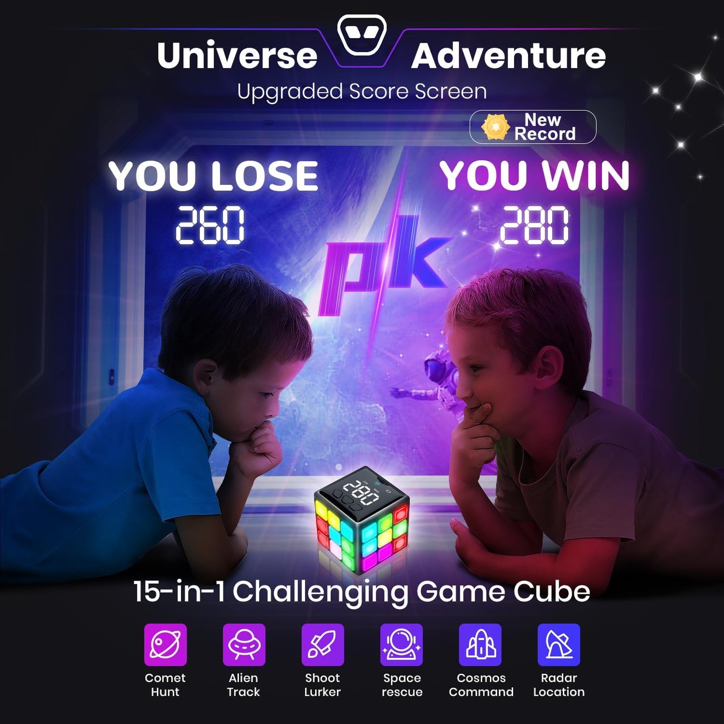 Rechargeable Game Handheld Cube, 15 Fun Brain & Memory Game with Score Screen, Cool Toys for Kids, Christmas Birthday Gifts for Boys Girls Aged 6-12+ Years Old (Black)