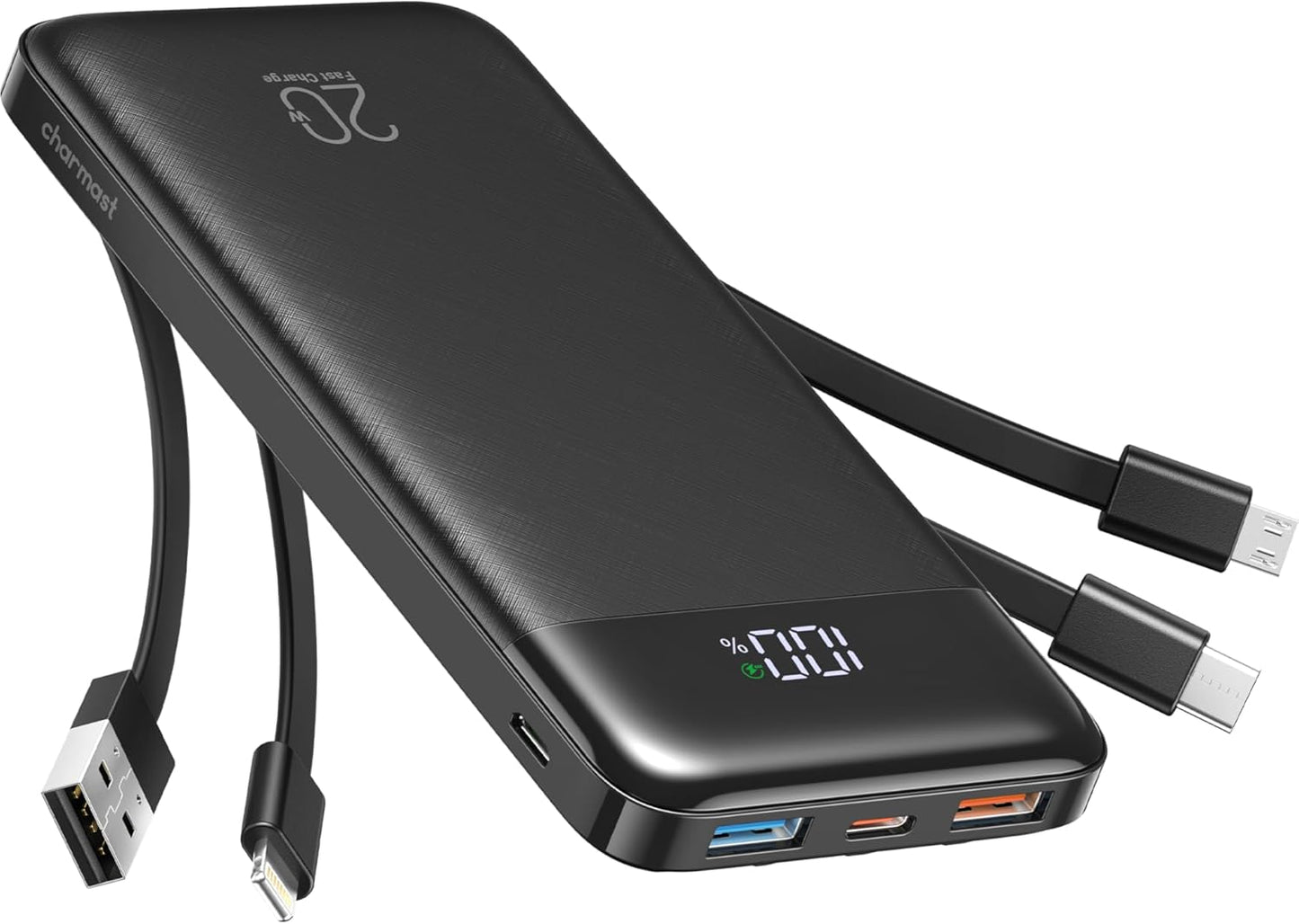 Charmast Power Bank 20,000mAh with Built-In Cables – 20W Fast Charging USB-C Portable Charger Compatible with Smartphones, Tablets & More