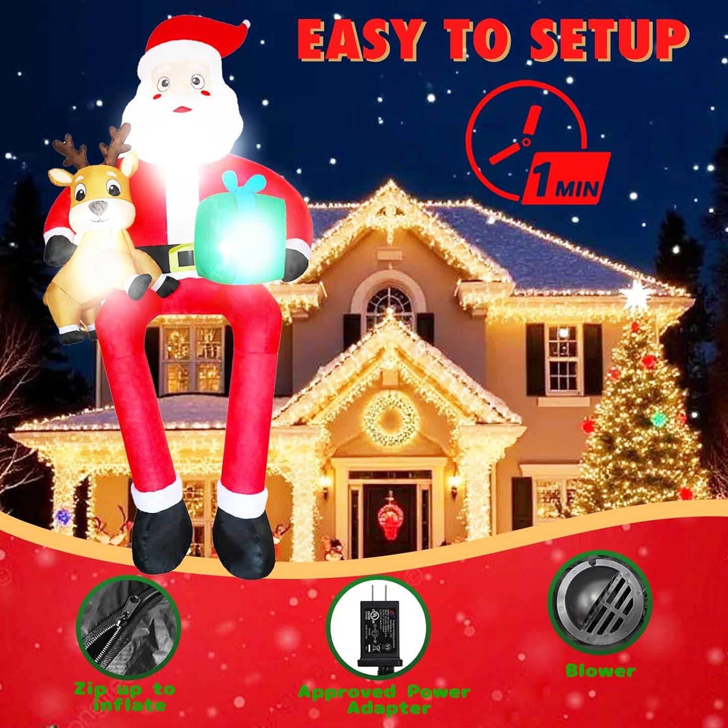 PIPIMOUSE 9.5Ft Christmas Inflatable Outdoor Decoration Giant Sitting Santa Claus Christmas Inflatables with LED Light Climbing Santa Inflatable Blow Up Yard Decorations for Xmas Roof Eaves Lawn Shrub