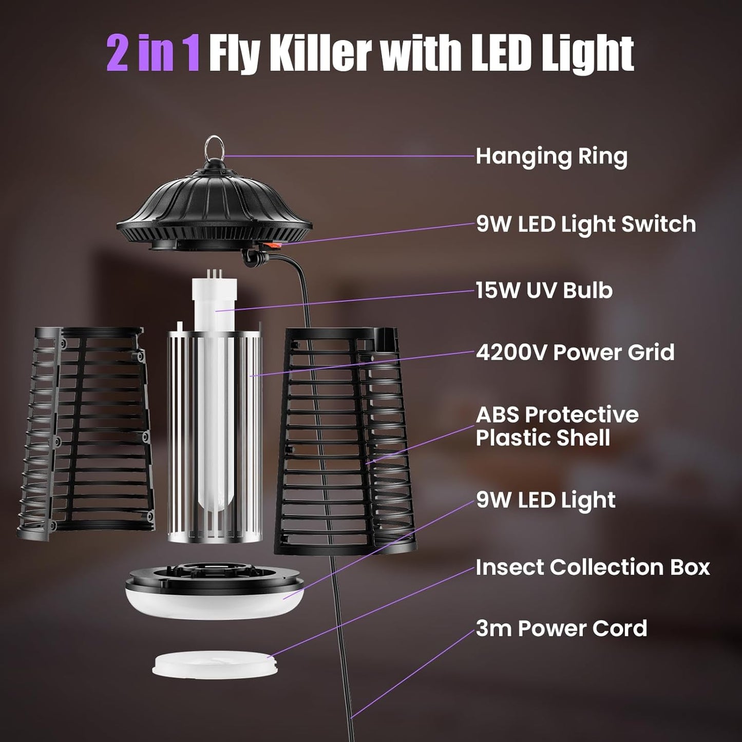 PKBD Bug Zapper, 2-in-1 4200V 15W UV Insect Pest Fly Killer with LED Light, IPX4 Waterproof Electric Fly Zapper with 3m Power Cord for Indoor/Outdoor Use, Mosquito Killer for Home and Garden, Black