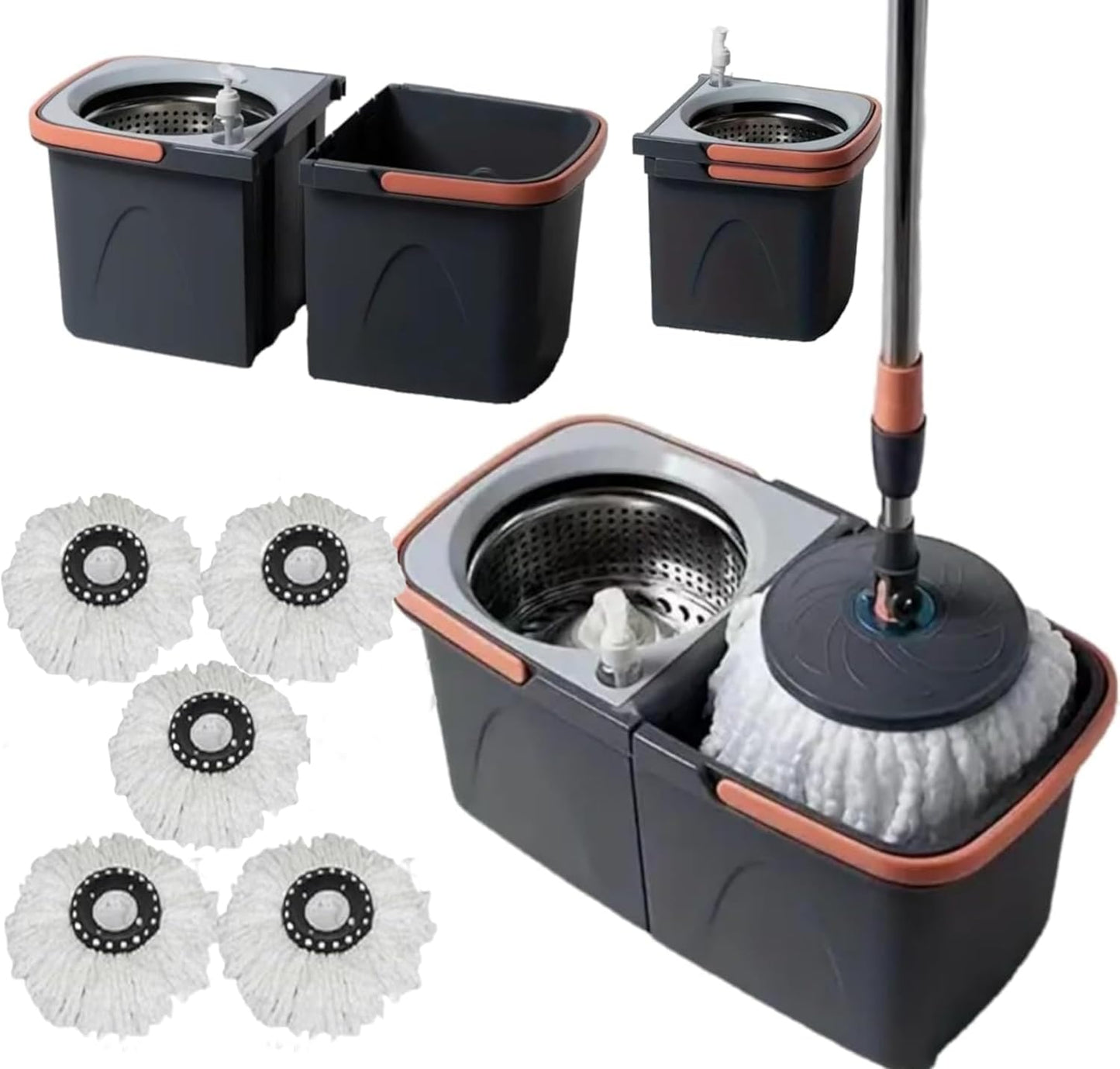 *NEW* SWISSPACK Revolving Spin Mop and Bucket With .5. Extra Pads Perfect For Easy Cleaning. Clean and Dirty Water Separtered For Perfect Finish (ORANGE-GREY) (ORANGE-GREY 1)