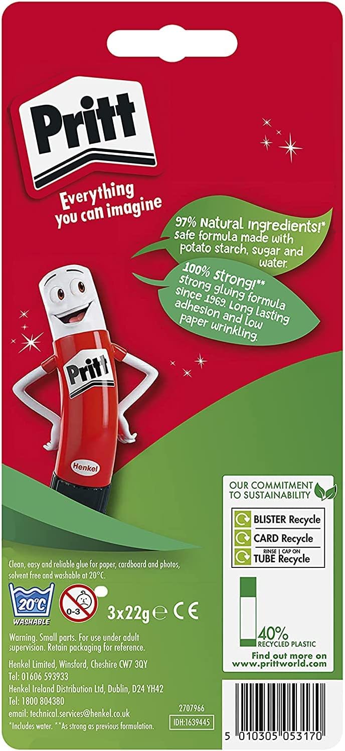 Pritt Glue Stick, Safe & Child-Friendly Craft Glue for Arts & Crafts Activities, Strong-Hold adhesive for School & Office Supplies, 22 g (Pack of 3)