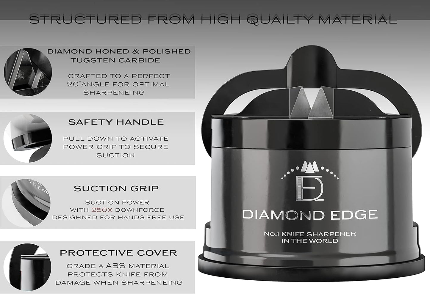 Diamond Edge No.1 Knife Sharpener β Safe & Compact Manual Knife Sharpener for Any Knife - Knives Sharpener Suitable for Serrated & Outdoor Blades β Professional Quality, Black