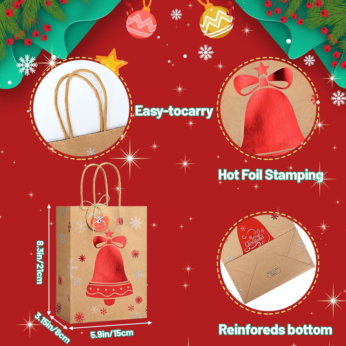 Christmas Kraft Gift Bags 12Pcs Small Xmas Wrapping Bags, Goody Gift Wrap Treat Candy Paper Packing with Handle & Red Foiling Design-Elk Santa Claus Snowman for Party Favors Present Decor Supplies