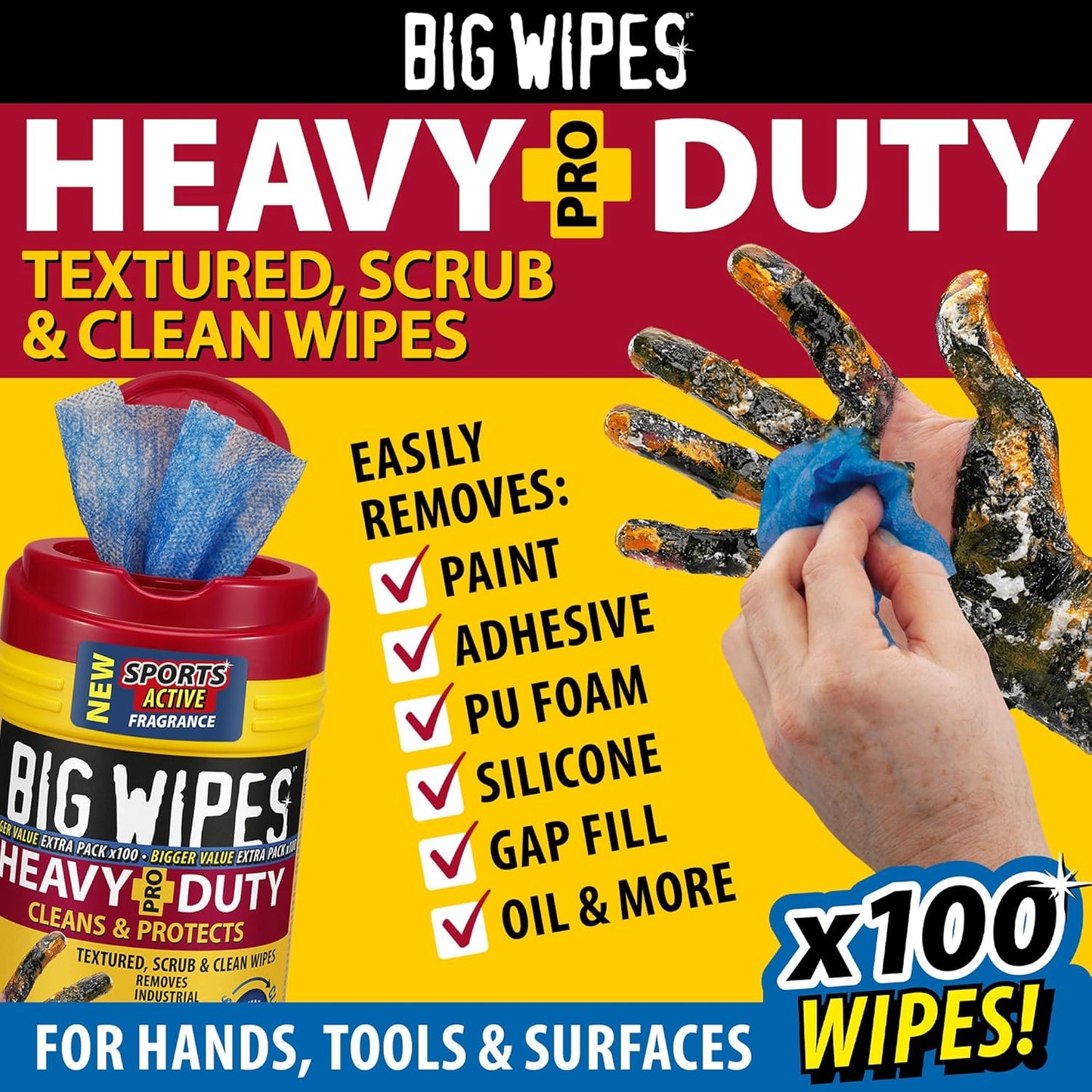 Big Wipes Heavy Duty Pro+ Hand Wipes in Dispenser Tub (x100) Textured Dual-Sided with Skincare. Ultra Efficient on Grime. Heavy Duty & Industrial Cleaning Products for Tradespeople