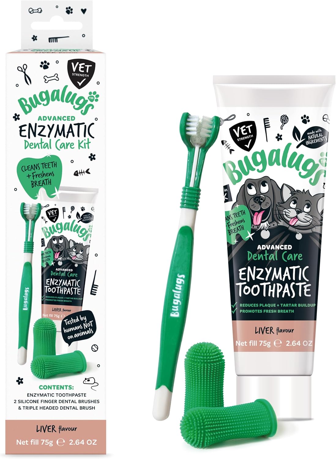 Bugalugs Dog Toothbrush and Toothpaste Kit Includes Cats & Dog Toothpaste, 2 x Finger Cat Toothbrush, 1 x Dog Toothbrush Dog Teeth Cleaning Products for Dog Plaque Remover & Dog Breath Freshener