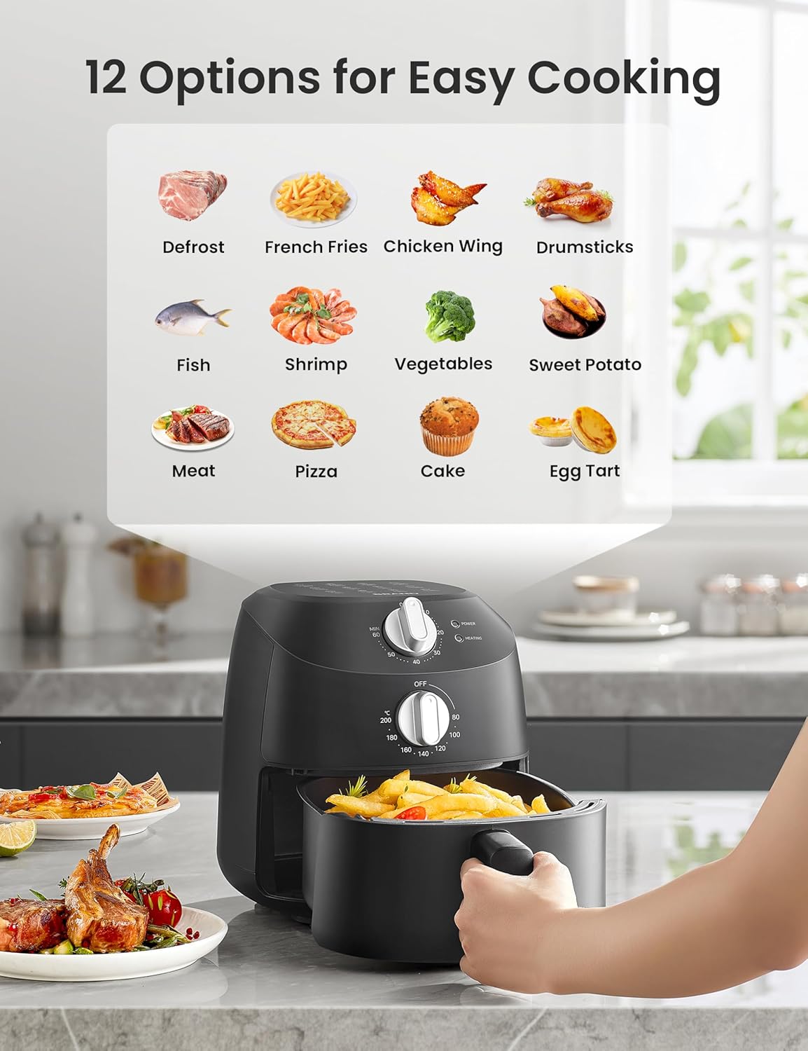 Midea Compact 2L Air Fryer – 12 Preset Menus, Adjustable Timer, 80-200°C Temperature Control, 1150W, Dishwasher-Safe Non-Stick Basket, BPA-Free, Space-Saving Design – Ideal for Small Kitchens (Black)