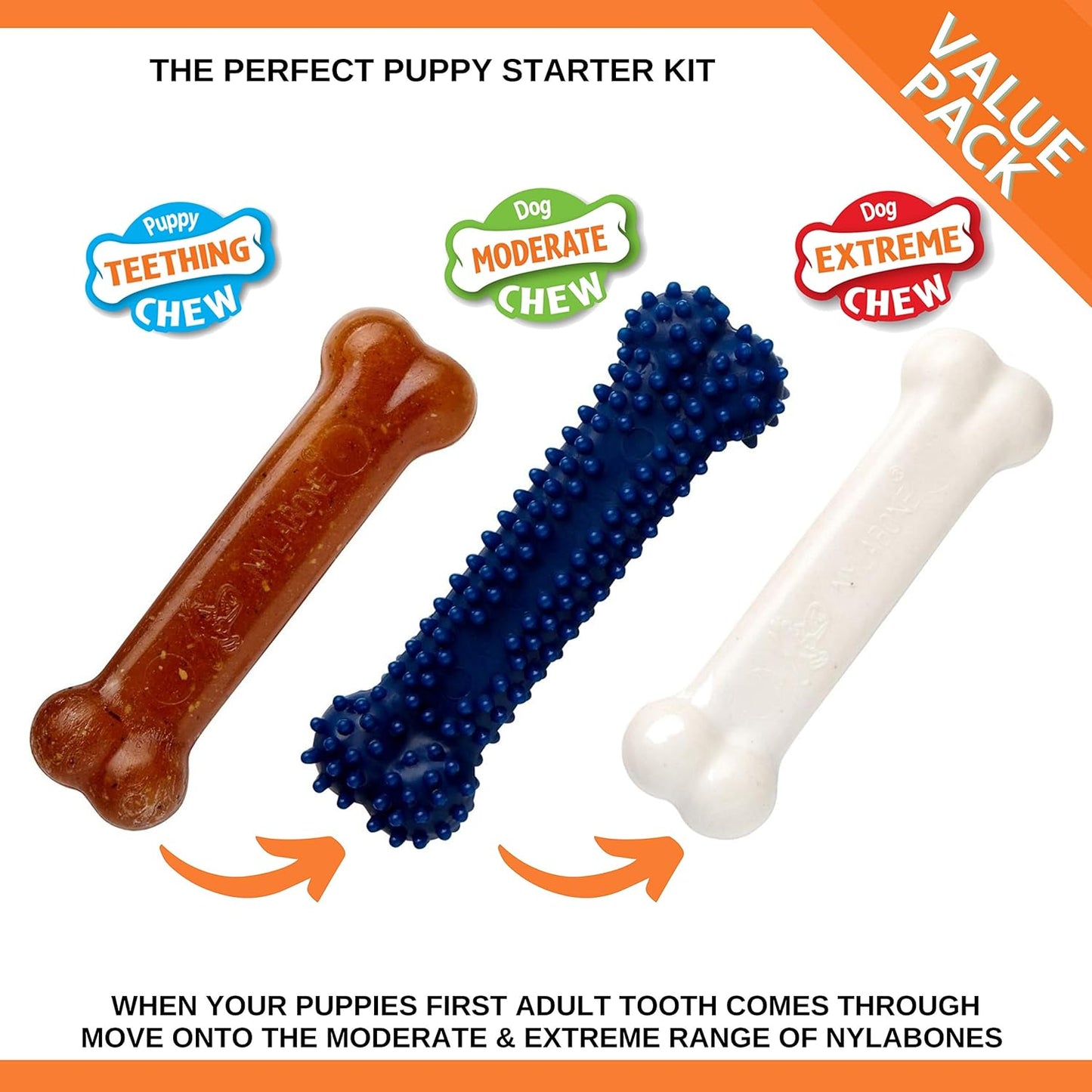 Nylabone Puppy Starter Kit, Pack of 3 Dental Dog Chew Bones, Teething, Gentle, Graduate, Small, for Puppies Up to 11 kg