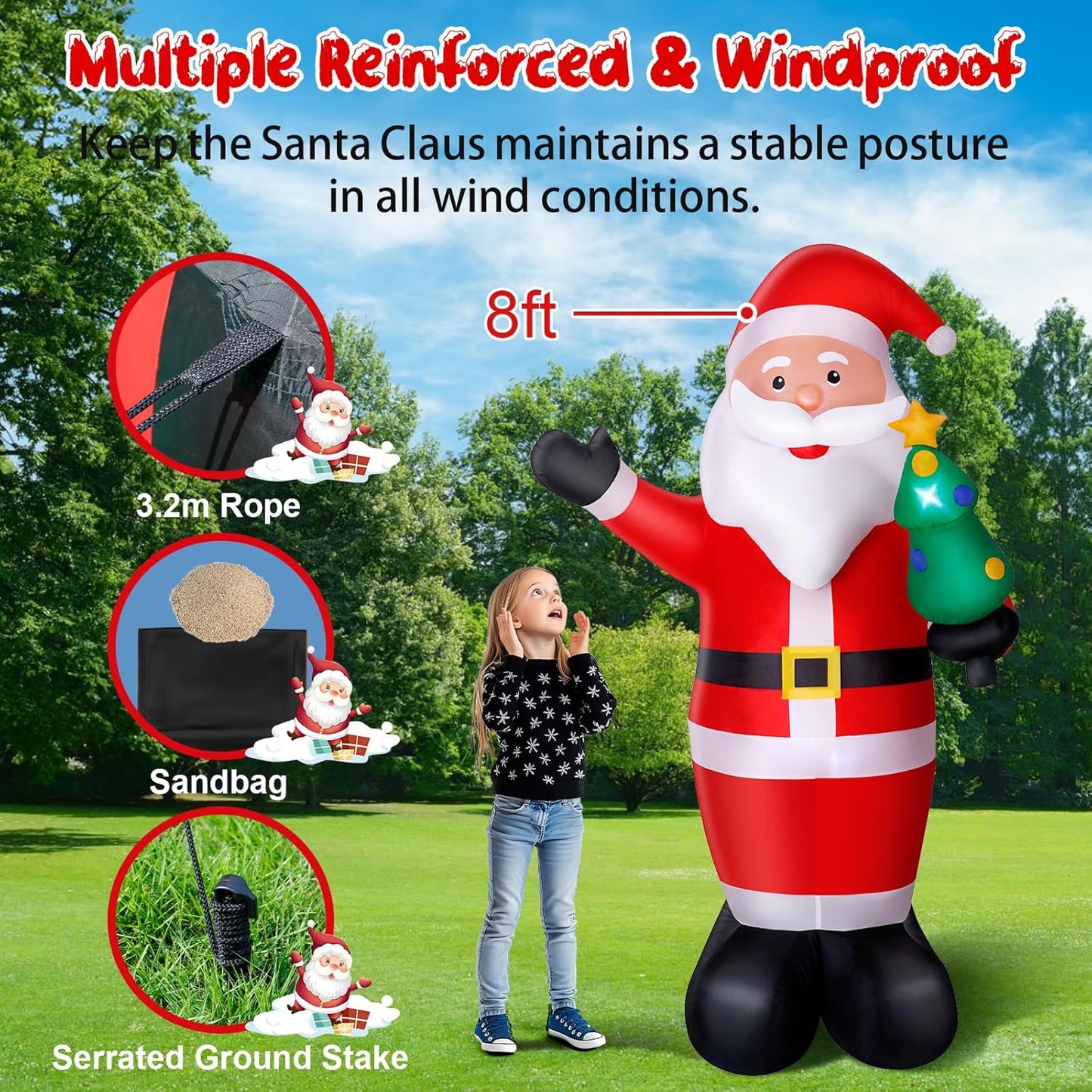 Wothfav 8FT Christmas Inflatable Santa Outdoor Decorations, Blow Up Santa Claus with Holding Xmas Tree, Built-in LED Lights for Holiday Indoor Outdoor Party Yard Lawn Garden Decoration