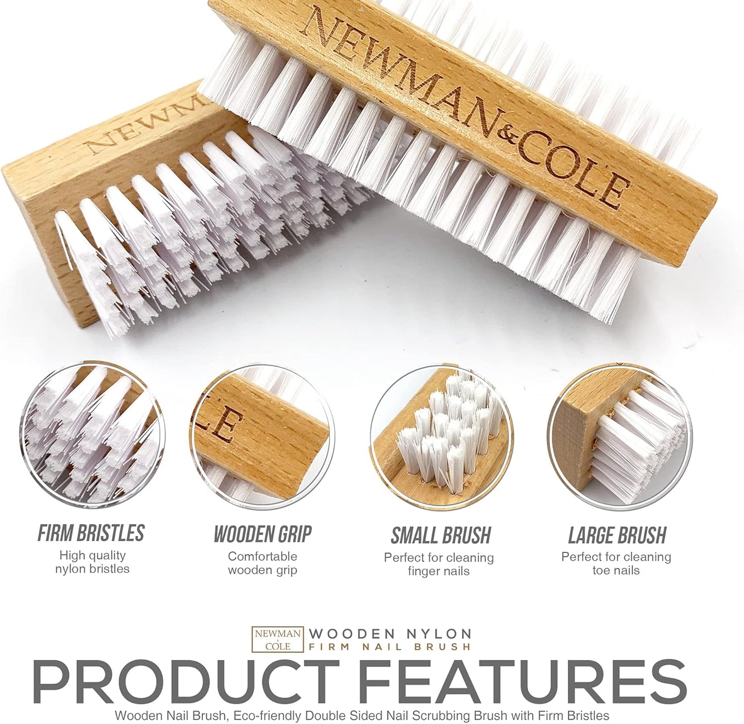 Wooden Nail Brush, Double-Sided Nail Scrubbing Brush with Firm Plastic Bristles (Set of 3)