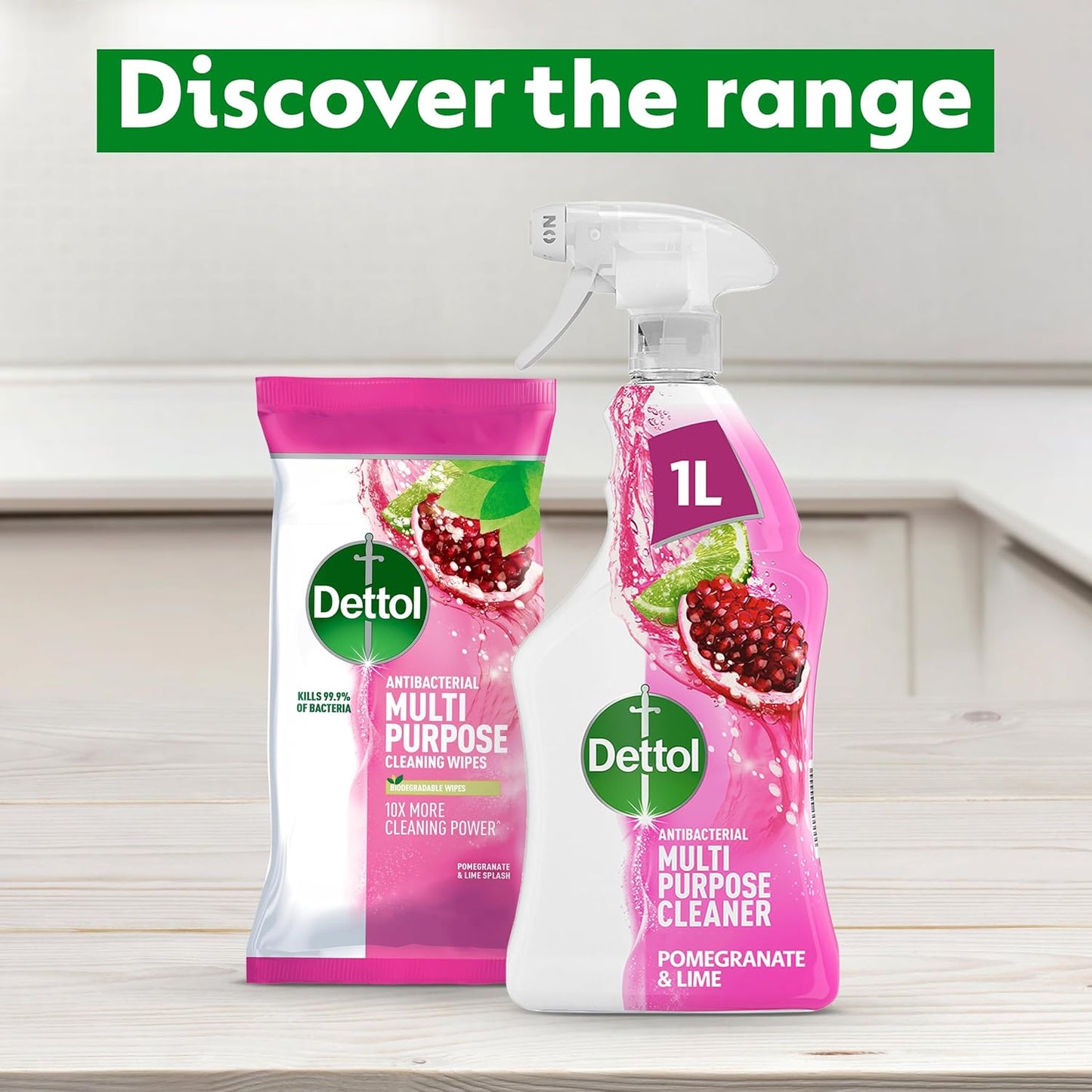 Dettol Antibacterial Multipurpose Cleaning Wipes, Pomegranate & Lime, 50 pack (8 x 50, Total 400 Wipes) Disinfectant, Biodegradable, 10x Cleaning power vs Water alone, Kills 99.9 Percent of Germs