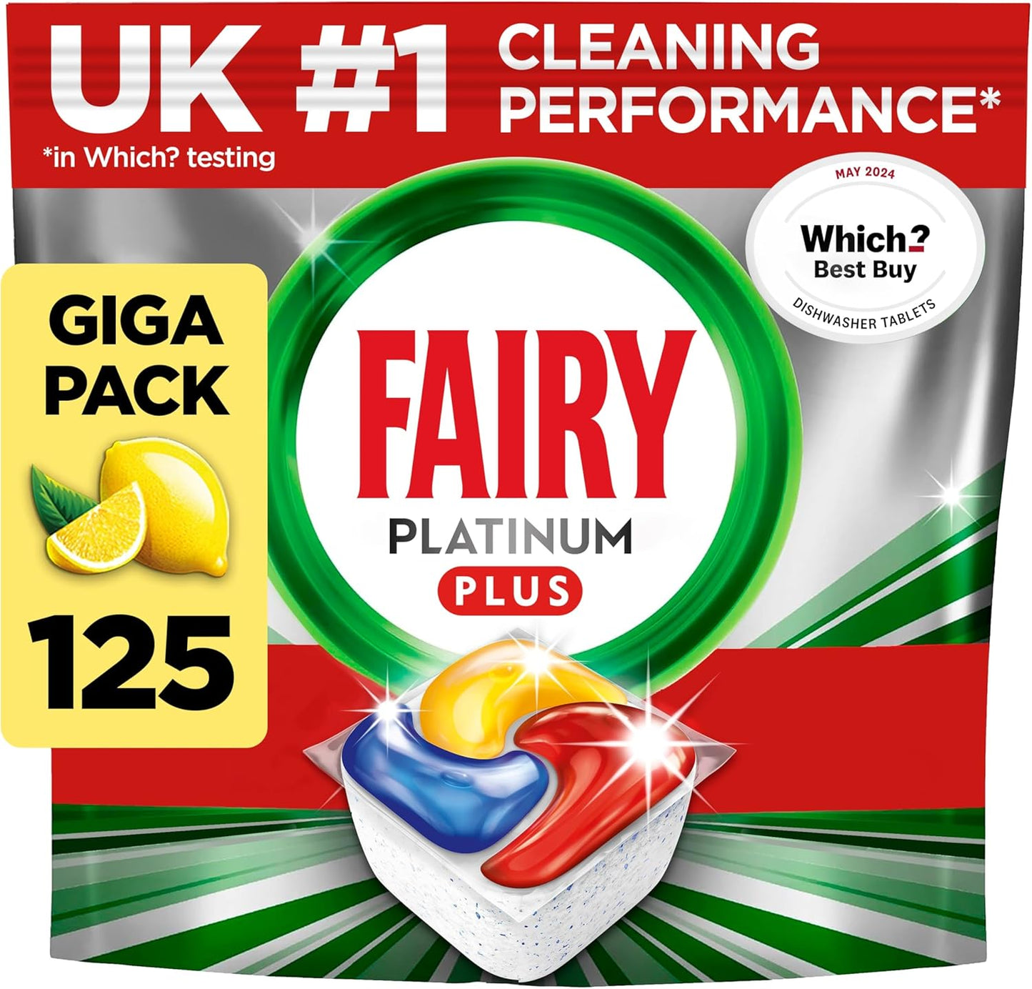 Fairy Platinum Plus All-in-1 Dishwasher Tablets, 125 Pack, Lemon. With anti-dull tech & rinse aid action for a deep clean. Effective in short cycles for sparkling dishes.