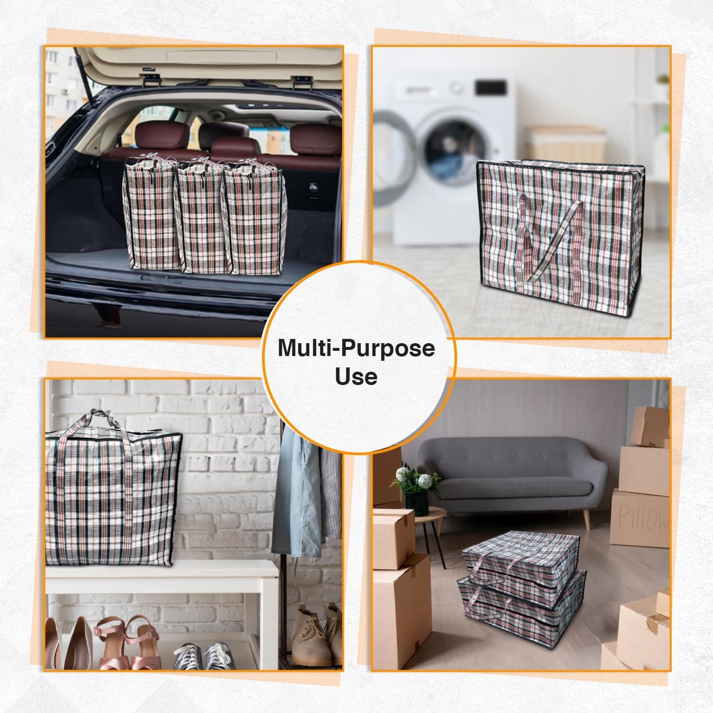 ANSIO Large Laundry Bags Pack of 5 Storage Bags Reusable Laundry Bags with Zips Ideal for Moving House Clothing & Wardrobe Storage (60L x 25W x 50H cm)